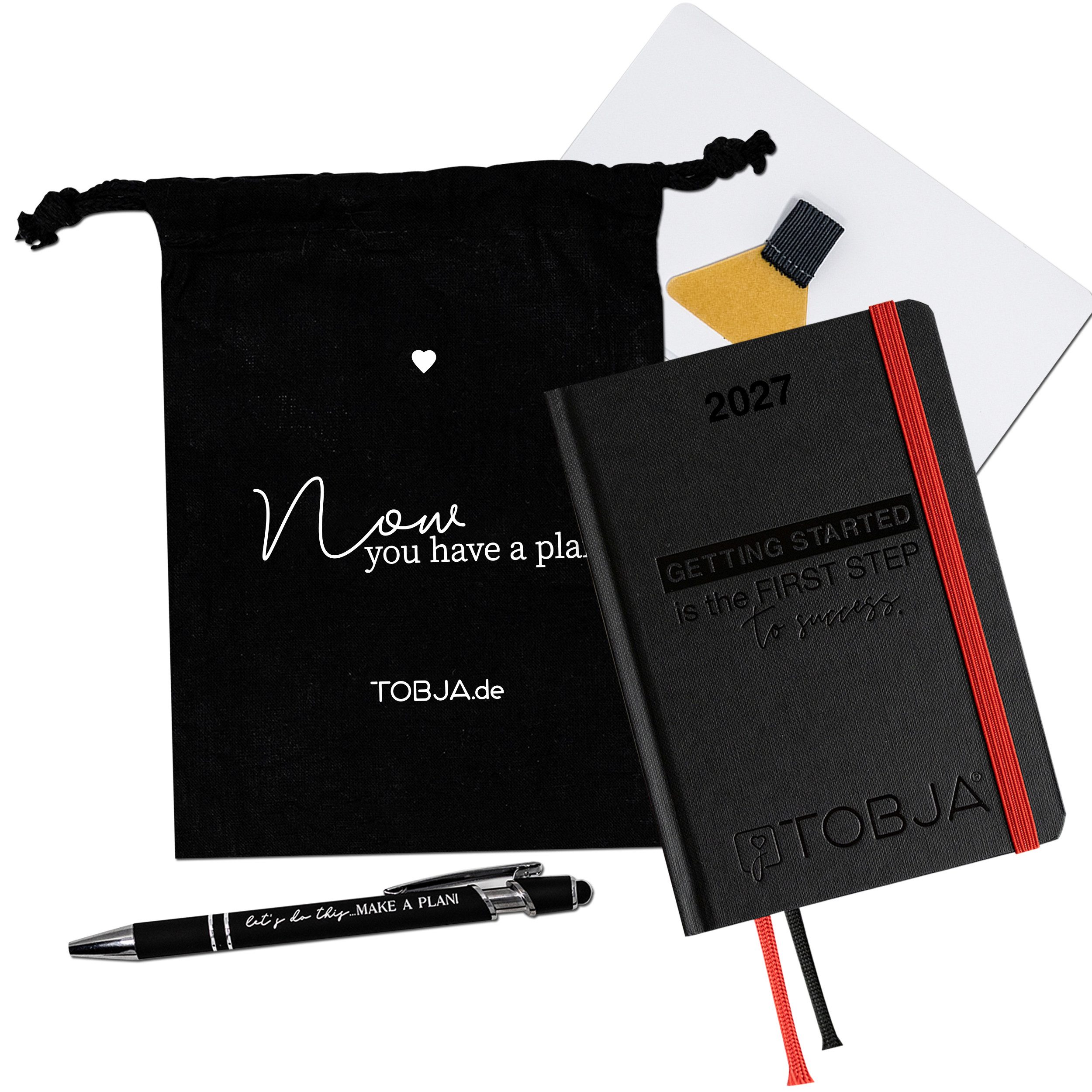 TOBJA Taschenkalender Taschenkalender 2027 A6 Schwarz Set mit Stift, Pen-Loop und Beutel, Zubehör-Set, Froschtasche, Pen-Loop, Touch-Stift, FSC-Hardcover