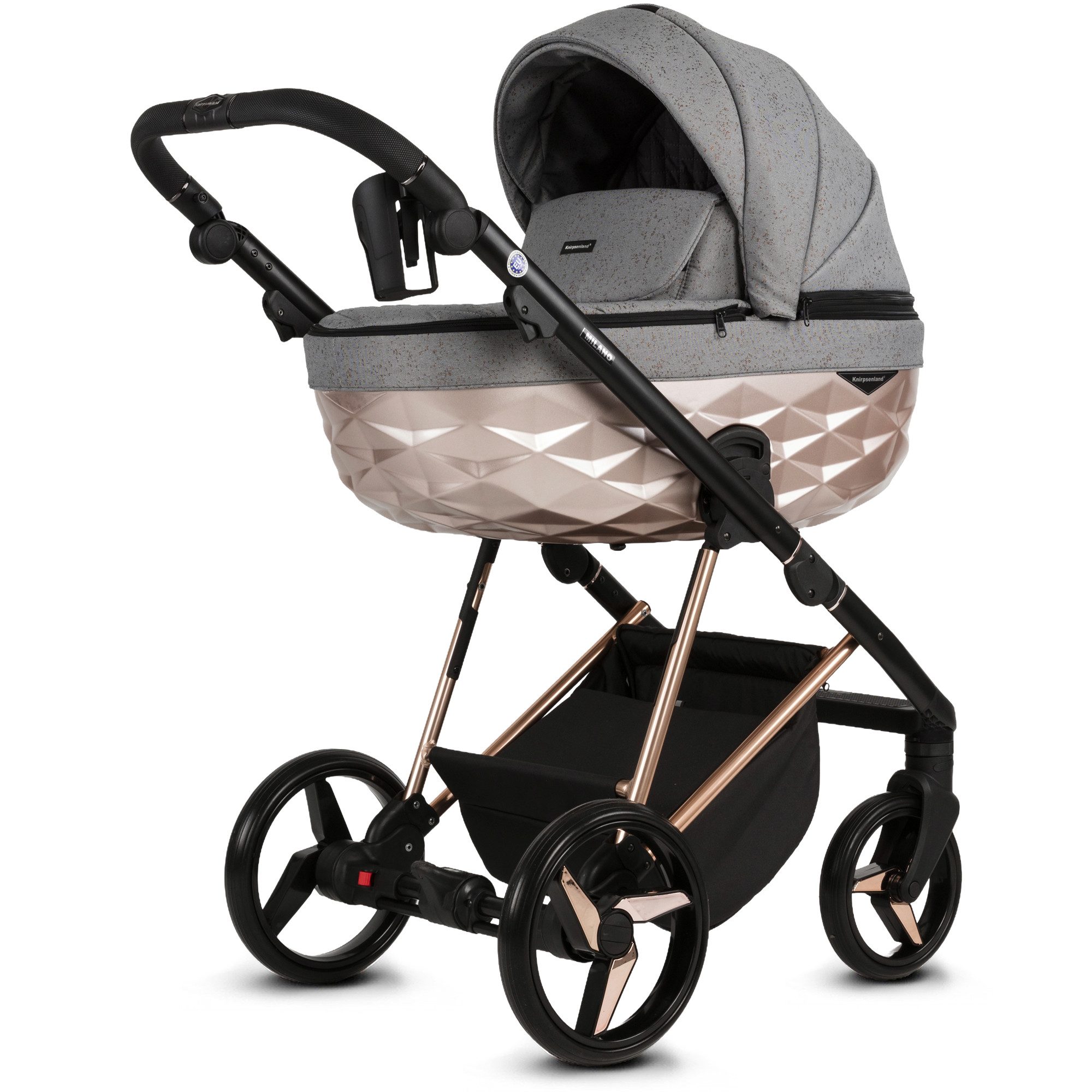 Knirpsenland Kombi-Kinderwagen Milano 2in1 Luxus 3D Wanne, Sportsitz, Wickeltasche, viel Zubehör, (Spar-Set), hohe Sicherheit durch One-Klick System der Kinderwagenaufsätze