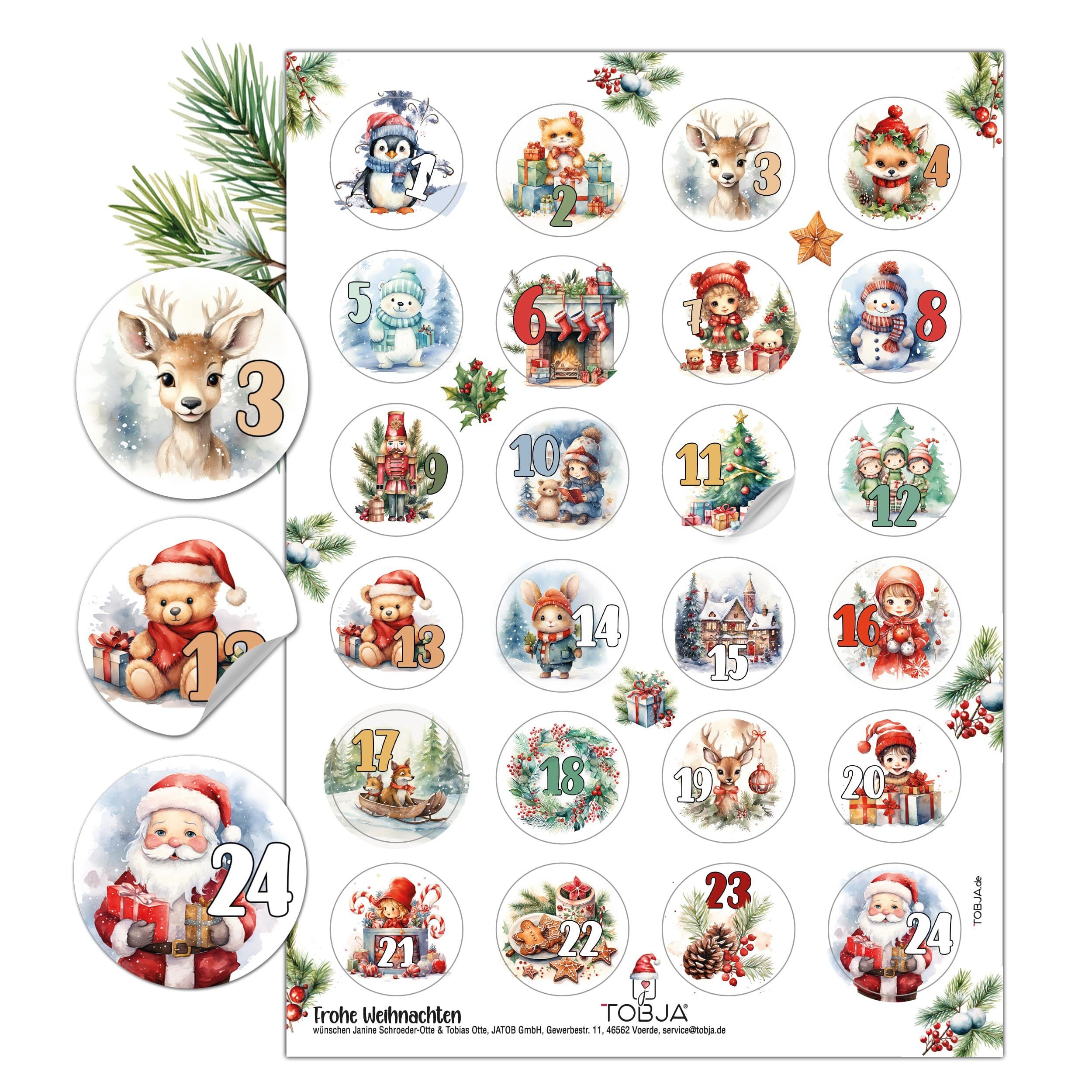 Sticker TOBJA Weihnachten. Adventskalender Nummern Aufkleber Zahlenaufkleber 1-24, Adventsaufkleber, Zahlen Advent niedliche Adventskalender