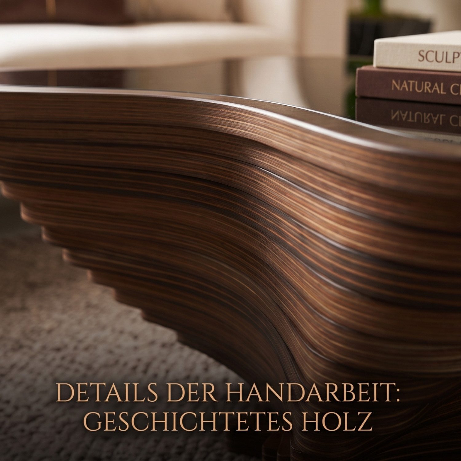 alesvelt Couchtisch Couchtisch rustikal handgefertigt Nussbaum Beistelltisch Glasplatte (1-Tisch), 90x90x39cm handgefertig Unikat Wellen-Optik MDF