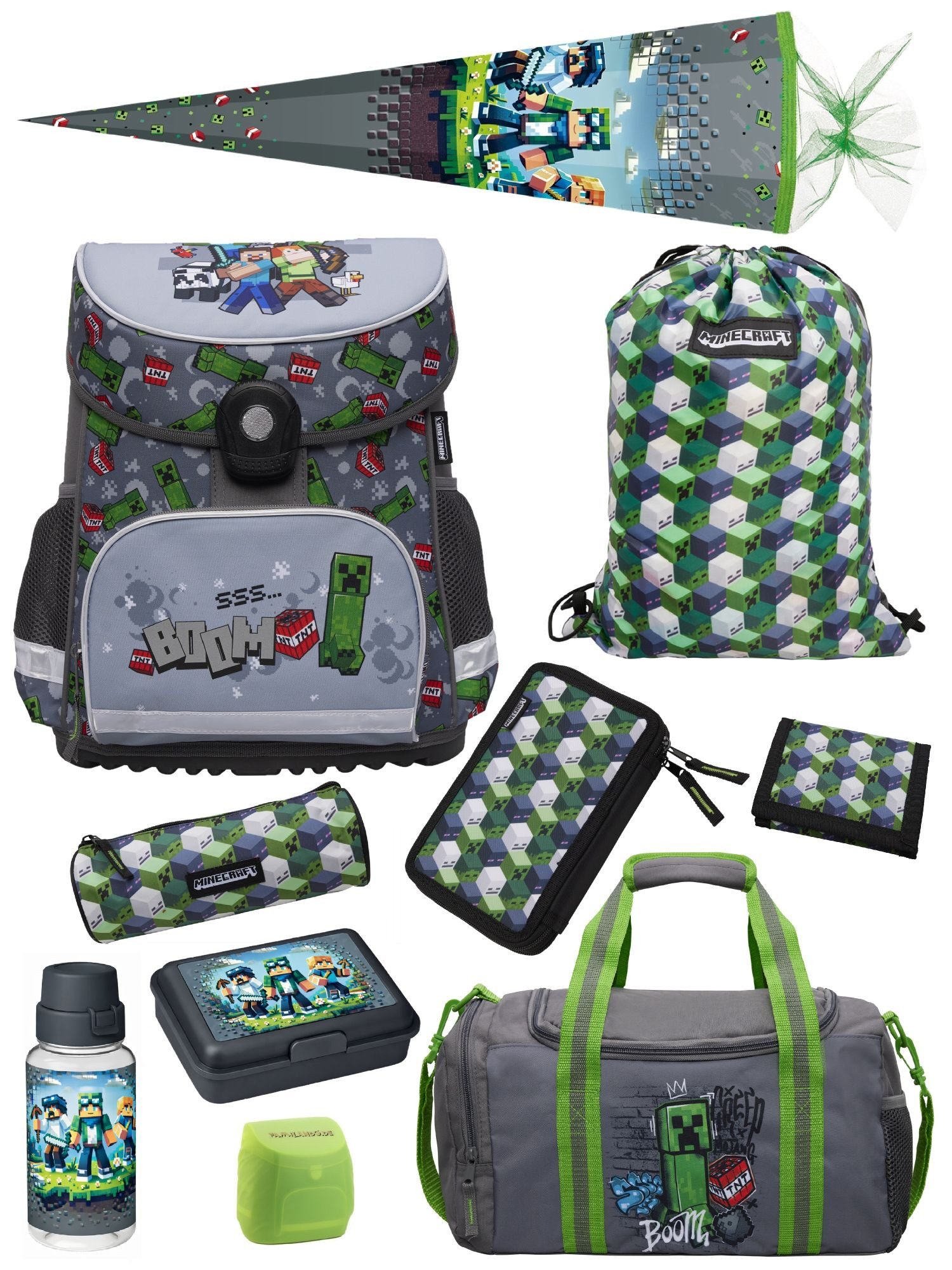 Familando Schulranzen Minecraft 1.-4. Klasse ergonomisch, geräumig, Volumen 18 Liter (Set, 10-tlg., inkl. Sporttasche und Schultüte / Zuckertüte 85cm), MINECRAFT Motiv grau