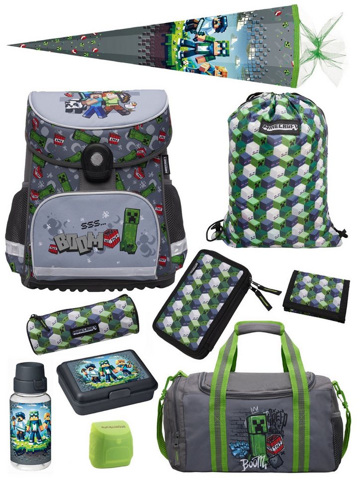 Familando Schulranzen Minecraft 1.-4. Klasse ergonomisch, geräumig, Volumen 18 Liter (Set, 10-tlg., inkl. Sporttasche und Schultüte / Zuckertüte 85cm), MINECRAFT Motiv grau