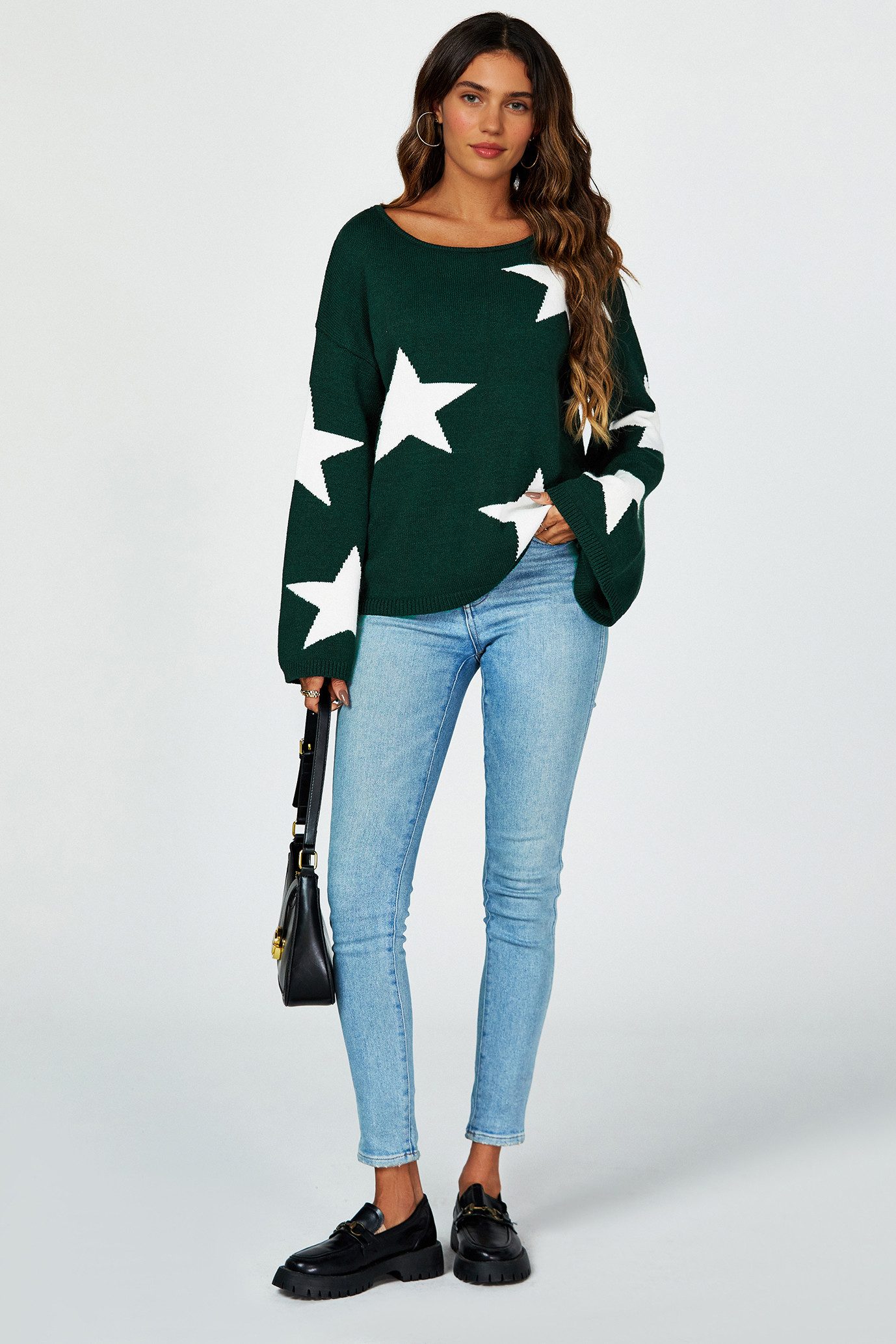 FS Collection Strickpullover Oversize Pullover mit weiten Ärmeln und Stern – Strickwaren (Einheitsgröße: UK 8–12 / EU 36–40, 5 Farben : Grau, Schwarz, Creme, Rot, Dunkelgrün) 100 % Acryl