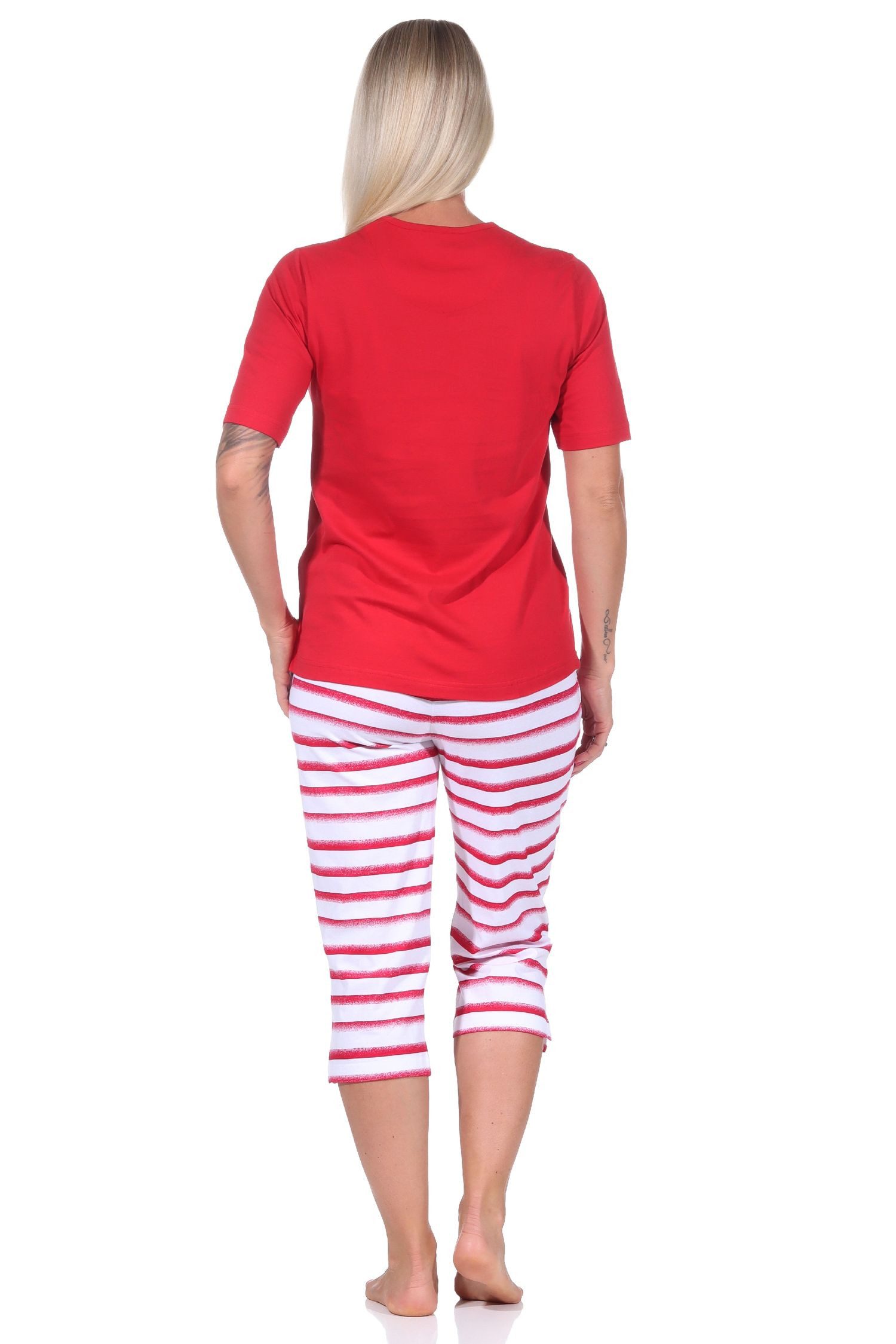Normann Pyjama Maritimer Damen kurzarm Capri Schlafanzug, Top mit Leuchtturm Motiv – Bild 4 von 5