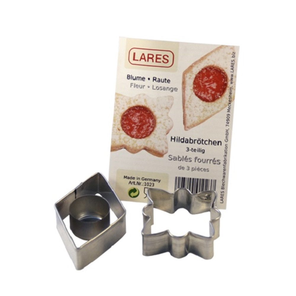 LARES Ausstechform Hildabrötchenausstecher - 3-teilig - Blume-Raute - 5 x 1,7 cm, Weißblech, zum Backen leckerer Hildabrötchen und mehr - Made in Germany