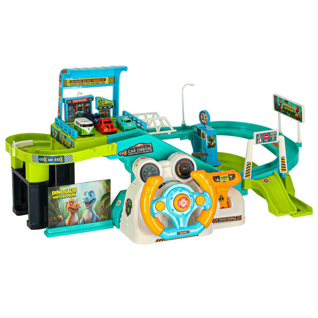 Ikonka Autorennbahn Parkhaus Rennbahn Spielset, (Spar-Set, 1-tlg), Lenkrad mit Soundeffekten, Aufzug, 4 Autos