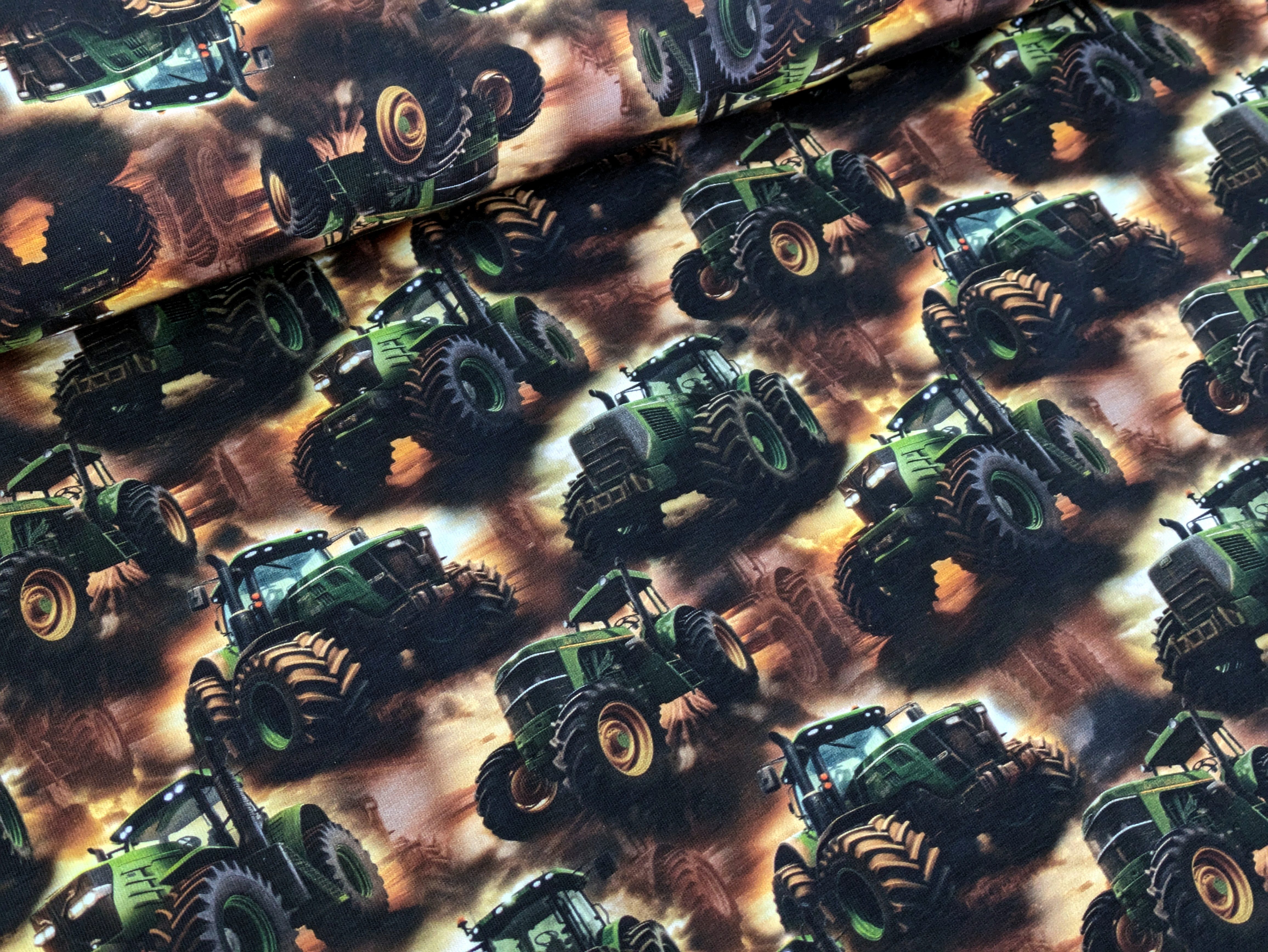 Corileo Stoff Eigenproduktion French Terry Farm Traktor Traktoren Grün/Braun Stoff