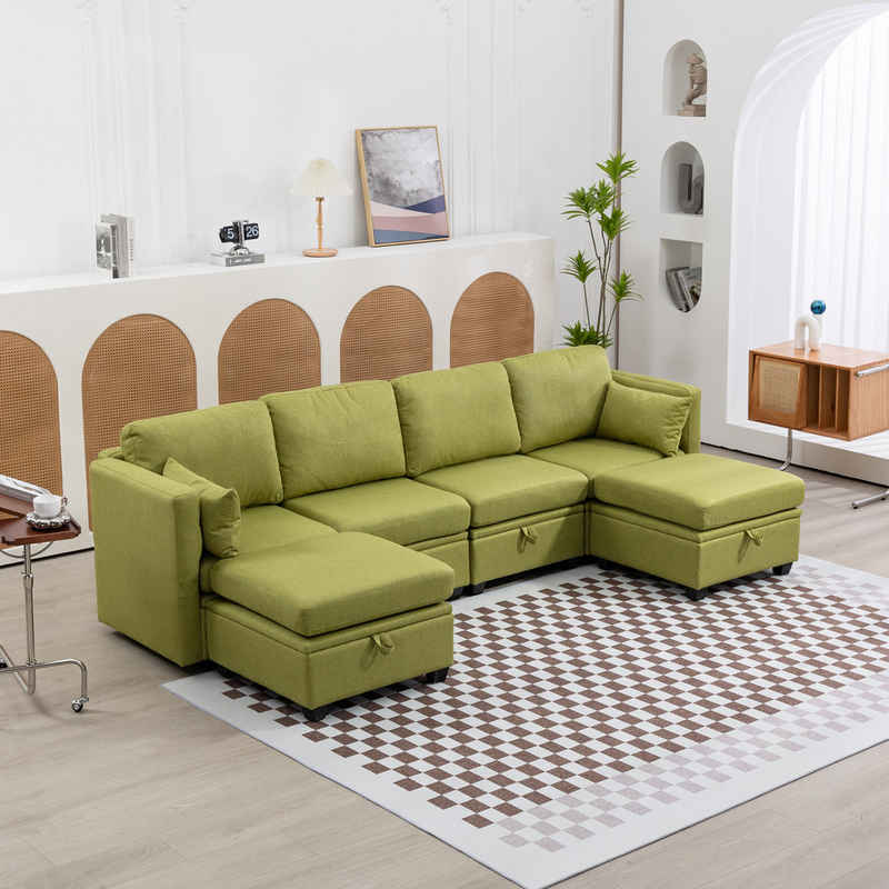 JOIVI Ecksofa soft U-förmigen Sofa, Liegesofa, Ecksofa, Schlafsofa mit Sitzkissen, mit Lagerung, lässig Spleißen kann Doppelbett Sofa verwenden, Armlehnen faltbar Leinengewebe, extra breite Liegesofa für Wohnzimmer