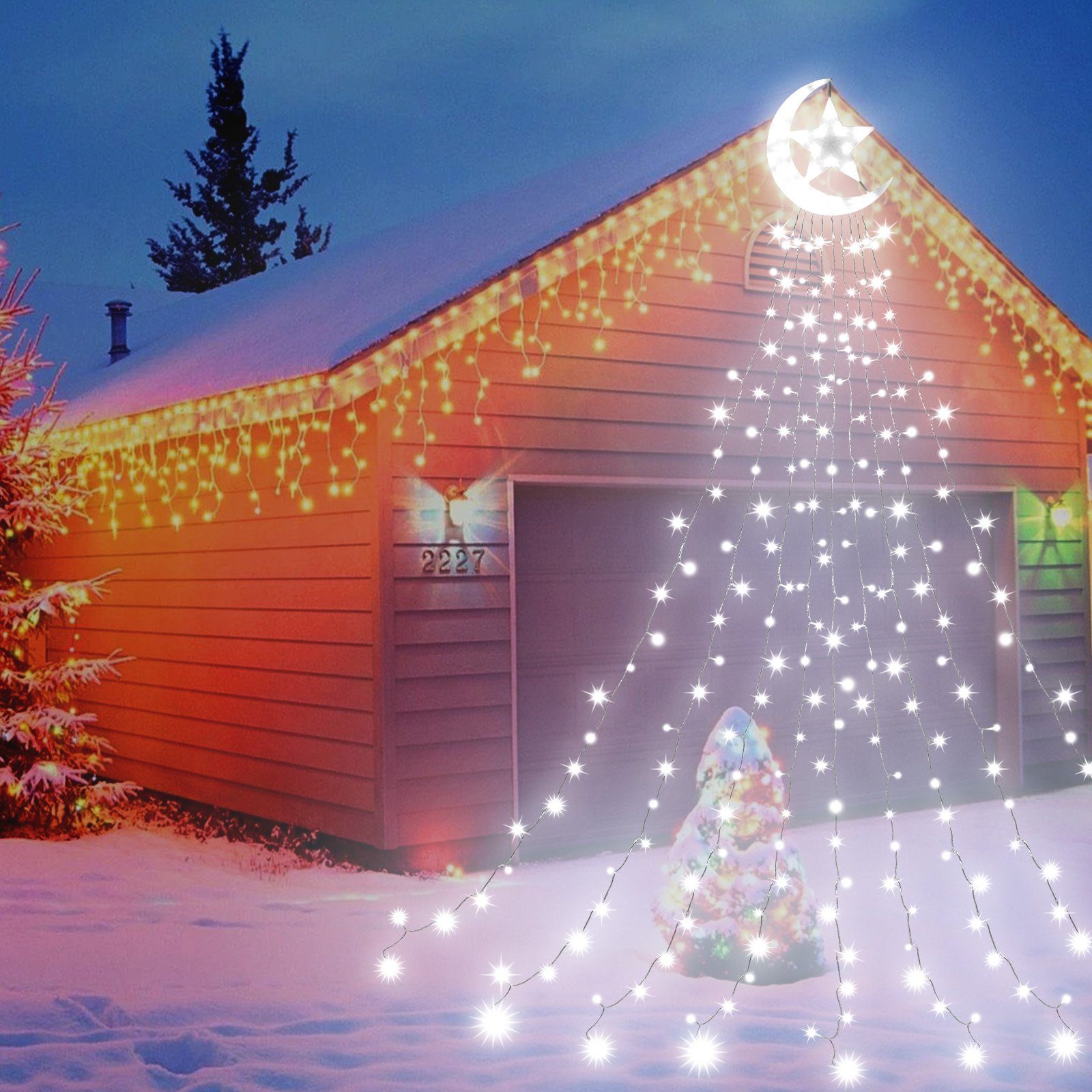 Modi, 350-flammig, 8 Lichterkette, Weiß Weihnachtsbaum LED-Lichterkette LED Timer Sunicol Wasserfall Topper Star,