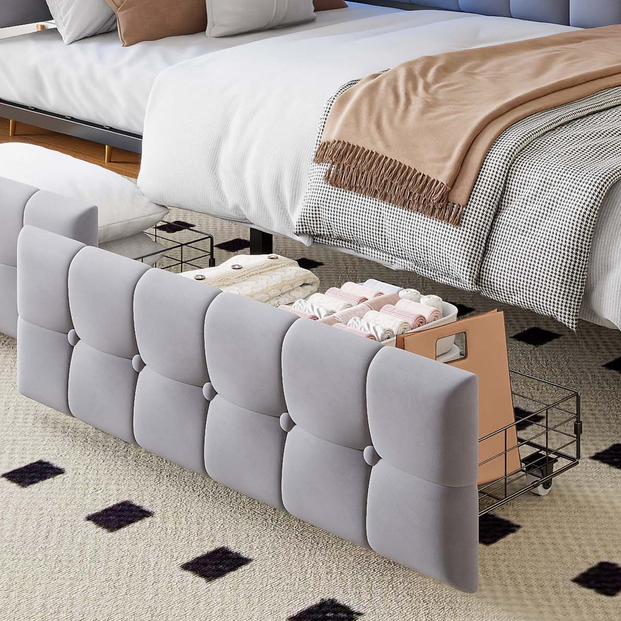 MODFU Schlafsofa mit LED & USB, Polsterbett mit Schubladen, Multifunktionales Kinderbett mit Stauraum 90x200 cm, ohne Matratze
