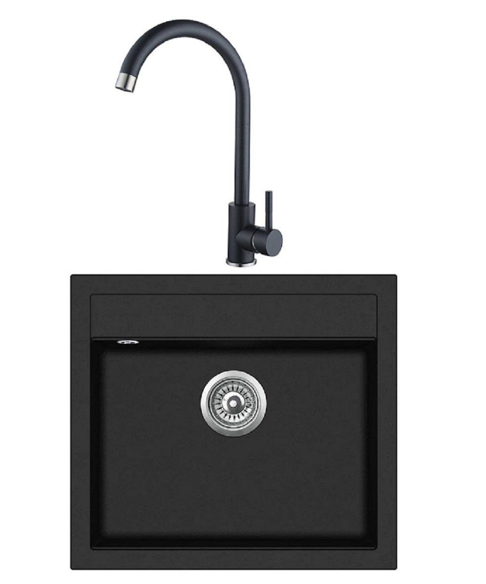 GURARI Küchenspüle SQQ100 - 601 W+5523 E2, 56.5/51 cm, (2 St), Einbau Granitspüle Schwarz metallic +Edelstahl Armatur