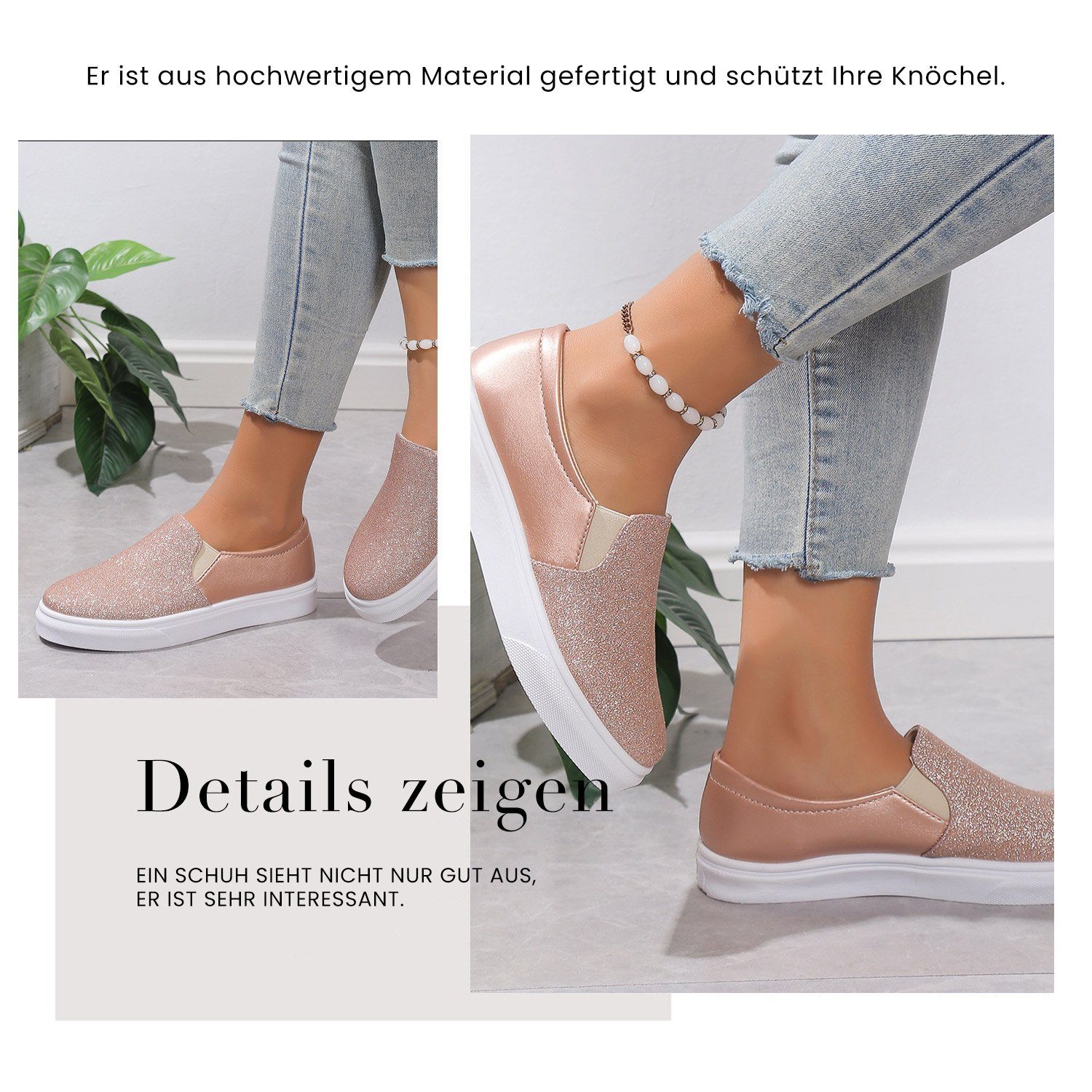Sneaker Plattform Damen Tennisschuhe Slip-On Roségold Daisred Glitzer Loafer