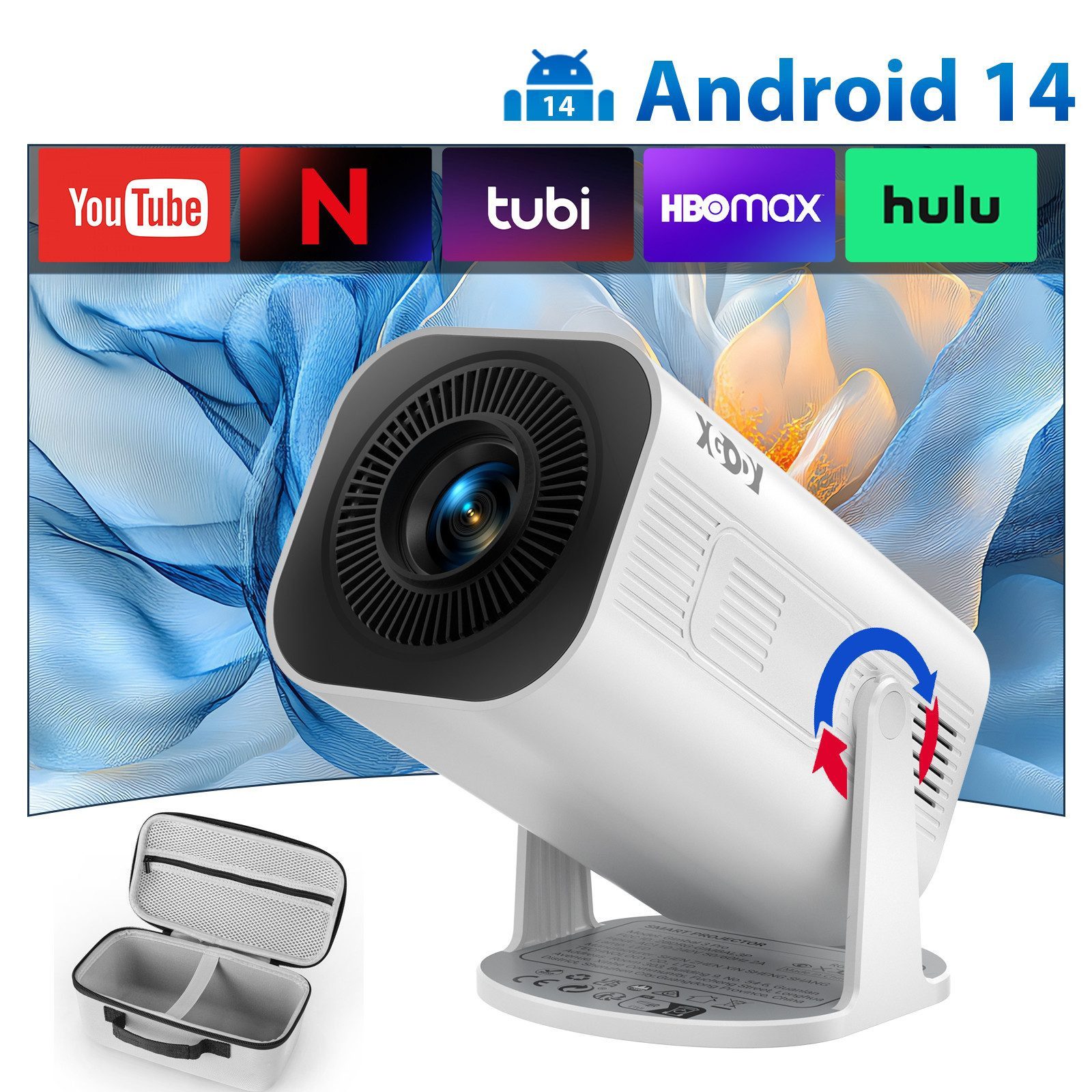XGODY Tragbarer Projektor Unterstützt 4K 1080P, Integrierte APP Android 14 Mini-Beamer (260 lm, 8000:1, 3840 x 2160 px, Mini Projektor mit Automatische Trapezkorrektur/WiFi 6/BT 5.4) von XGODY