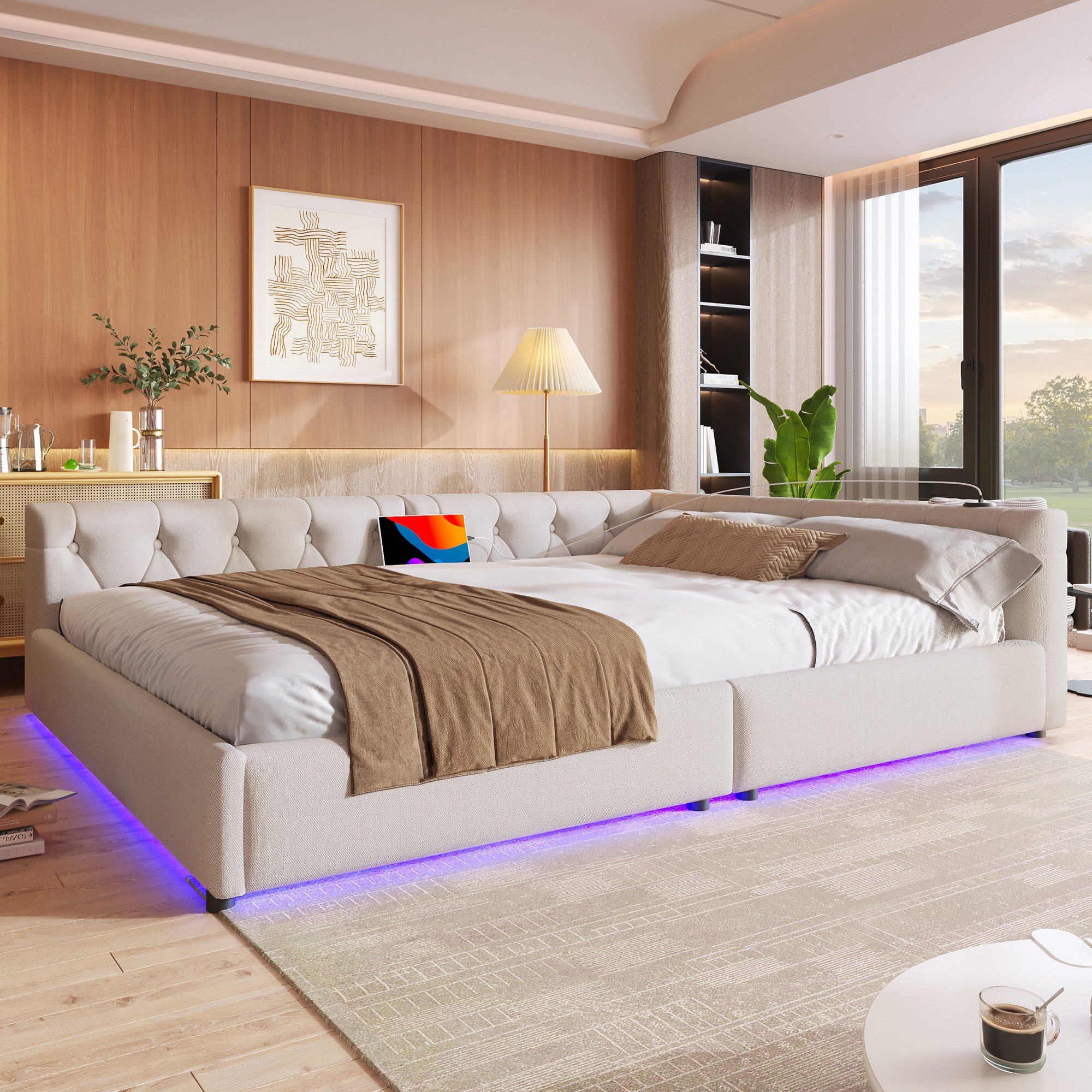Odikalo Schlafsofa Polsterbett Daybett Lattenrost Kopfteil USB 90/140x200cm Beige/Grau