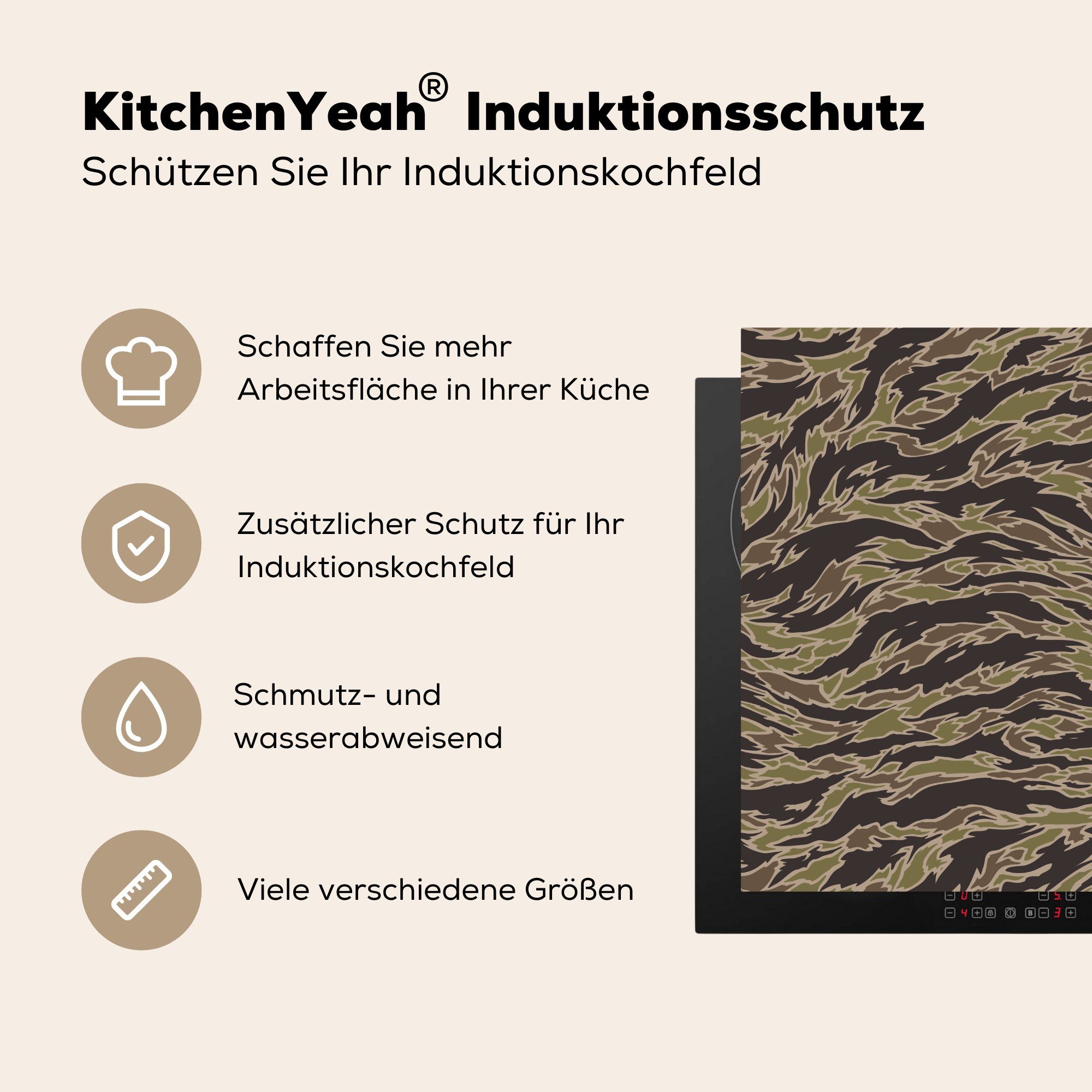 MuchoWow Herdblende-/Abdeckplatte Camouflage-Muster für tlg), (1 küche Ceranfeldabdeckung, Vinyl, 78x78 mit cm, Streifen, Arbeitsplatte