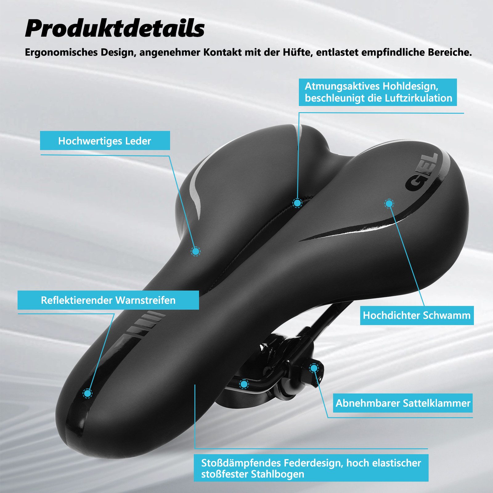 Fofile Fahrradsattel Ergonomisch Bequem – Komfort-MTB-Sattel mit Gel, Aussparung für Druckentlastung, atmungsaktiv, schmerzfreies Radfahren – Bild 4 von 5