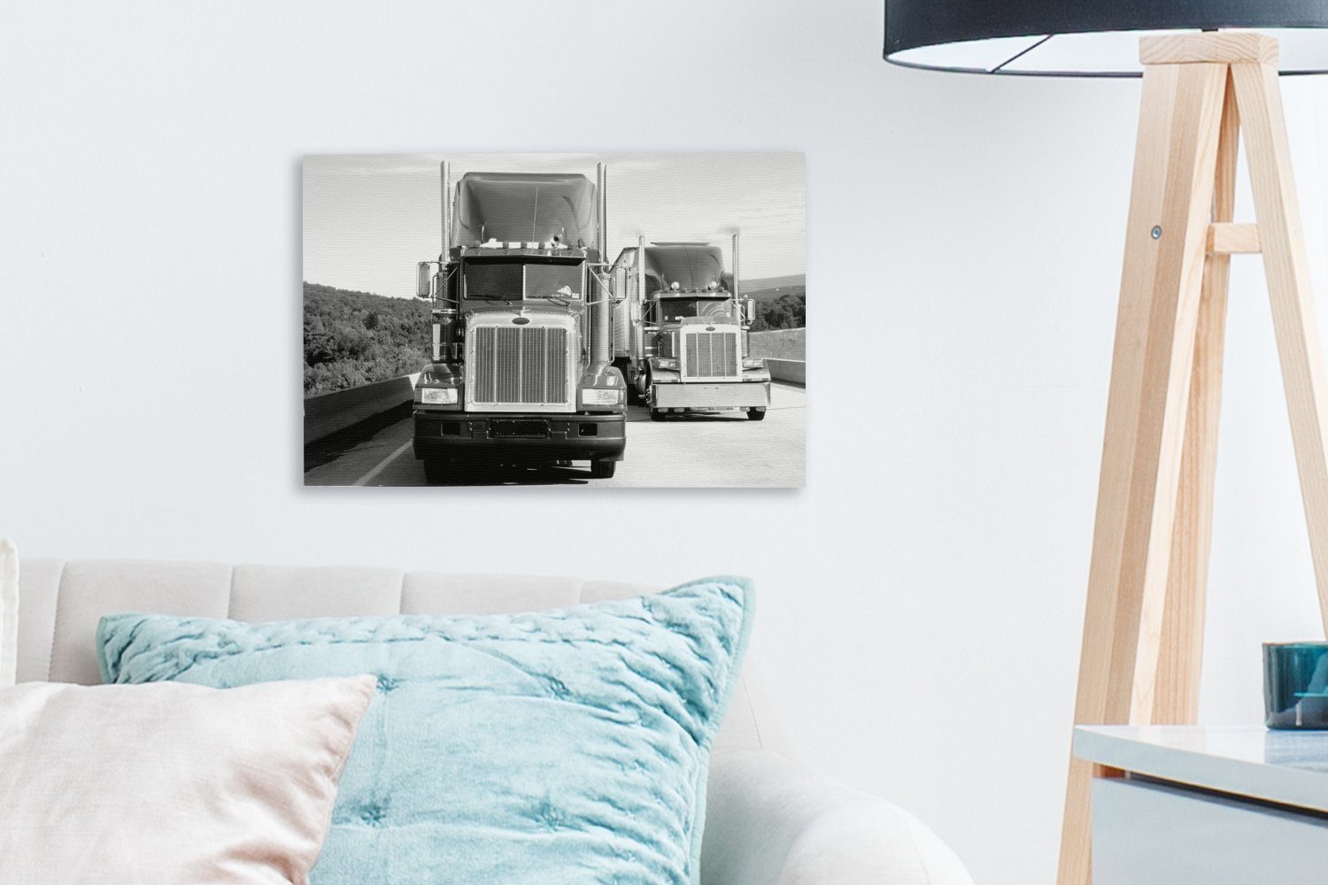 auf 30x20 Autobahn der weiß, Aufhängefertig, und St), Lastwagen OneMillionCanvasses® Leinwandbilder, schwarz Leinwandbild Wandbild (1 cm - Wanddeko,