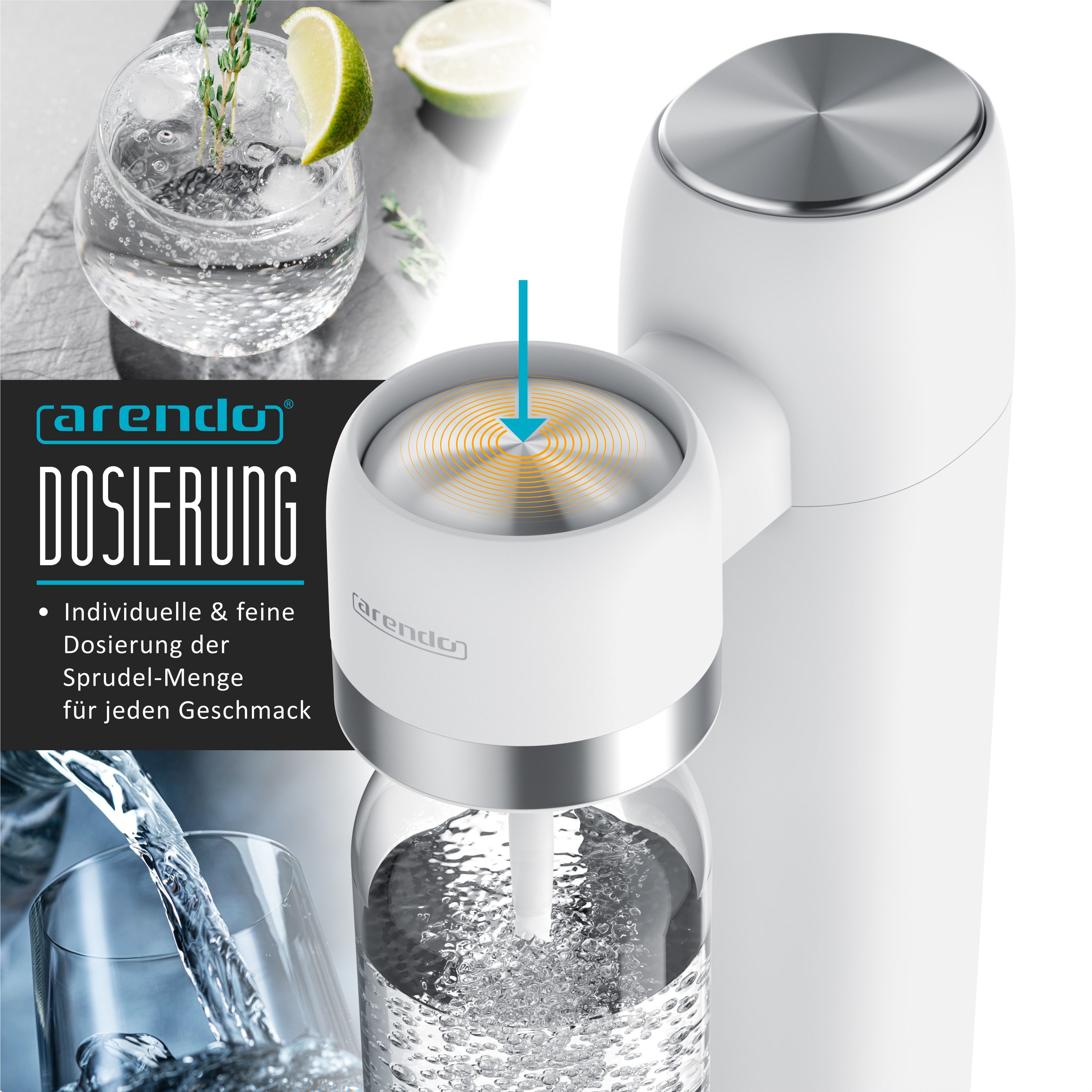 Arendo Wassersprudler Soda Maker mit 3x 1000 ml Flaschen, kompatibel mit 60l CO2 Zylindern, (Set, 4-tlg., Soda Maker, PET-Flasche), Soda Streamer + 3 Wasserflaschen, BPA-frei, fein dosierbar, Carbonator