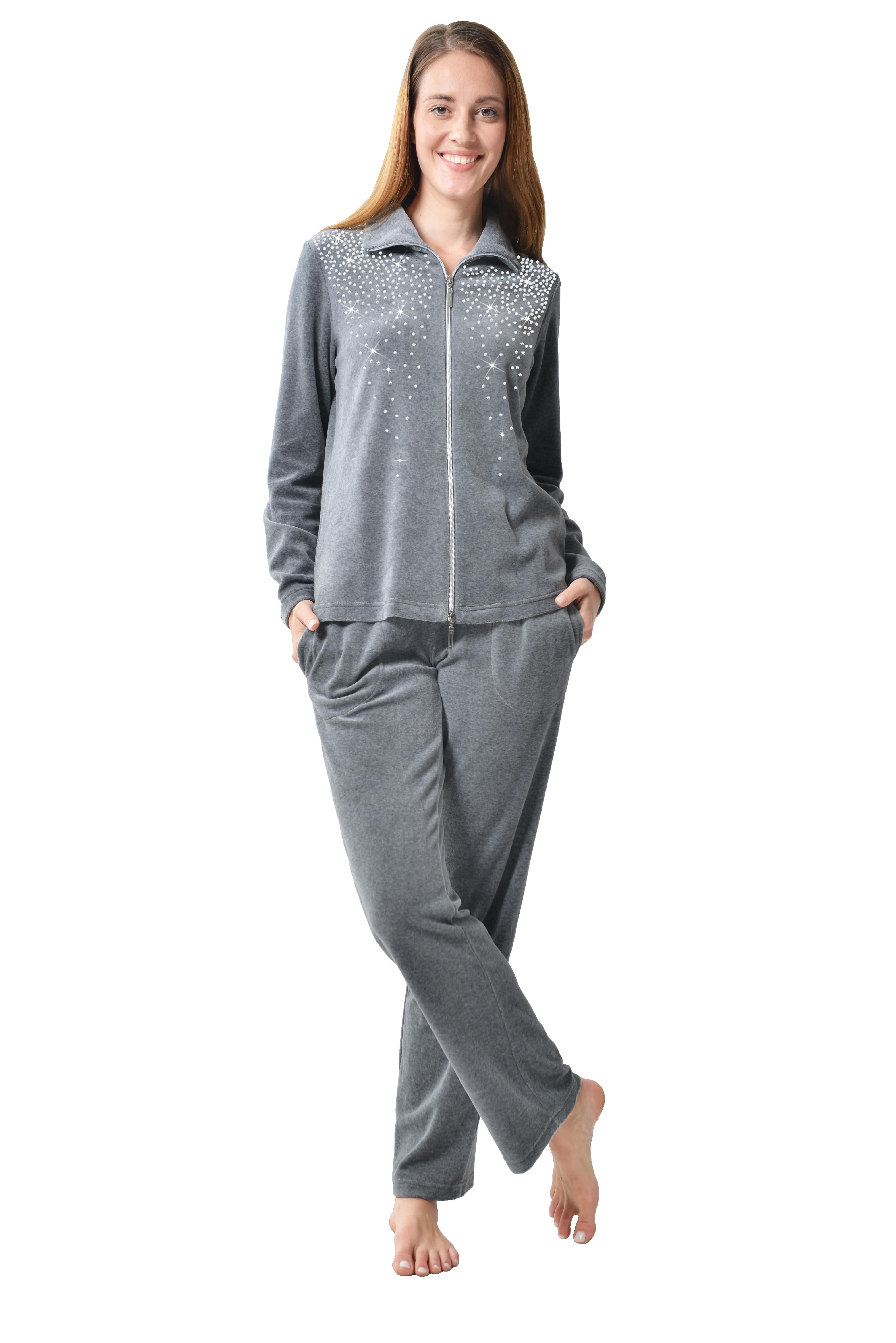 RAIKOU Hausanzug Freizeitanzug / Fitnessanzug / Jogginganzug (mit Hellem Strassstein, 2-Teiliger) samtweicher Nicki,80% Baumwolle