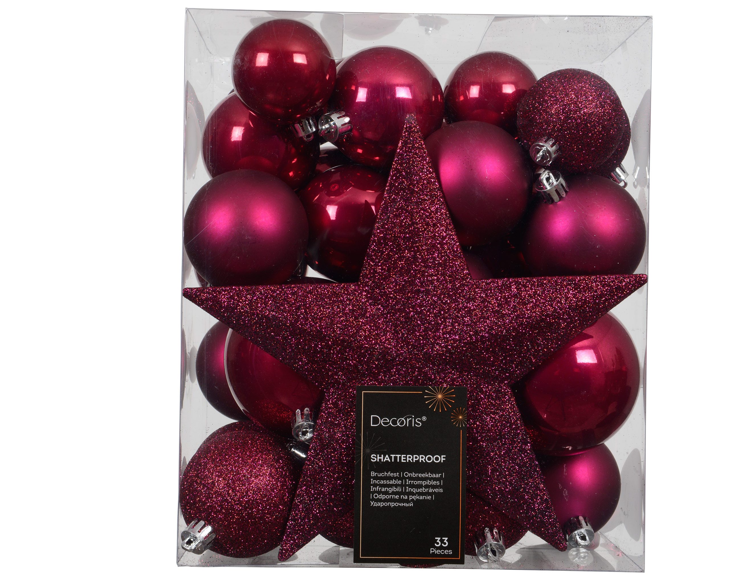 Kaemingk Weihnachtsbaumkugel, Weihnachtskugeln Kunststoff mit Christbaumstern 33er Set - Fuchsia