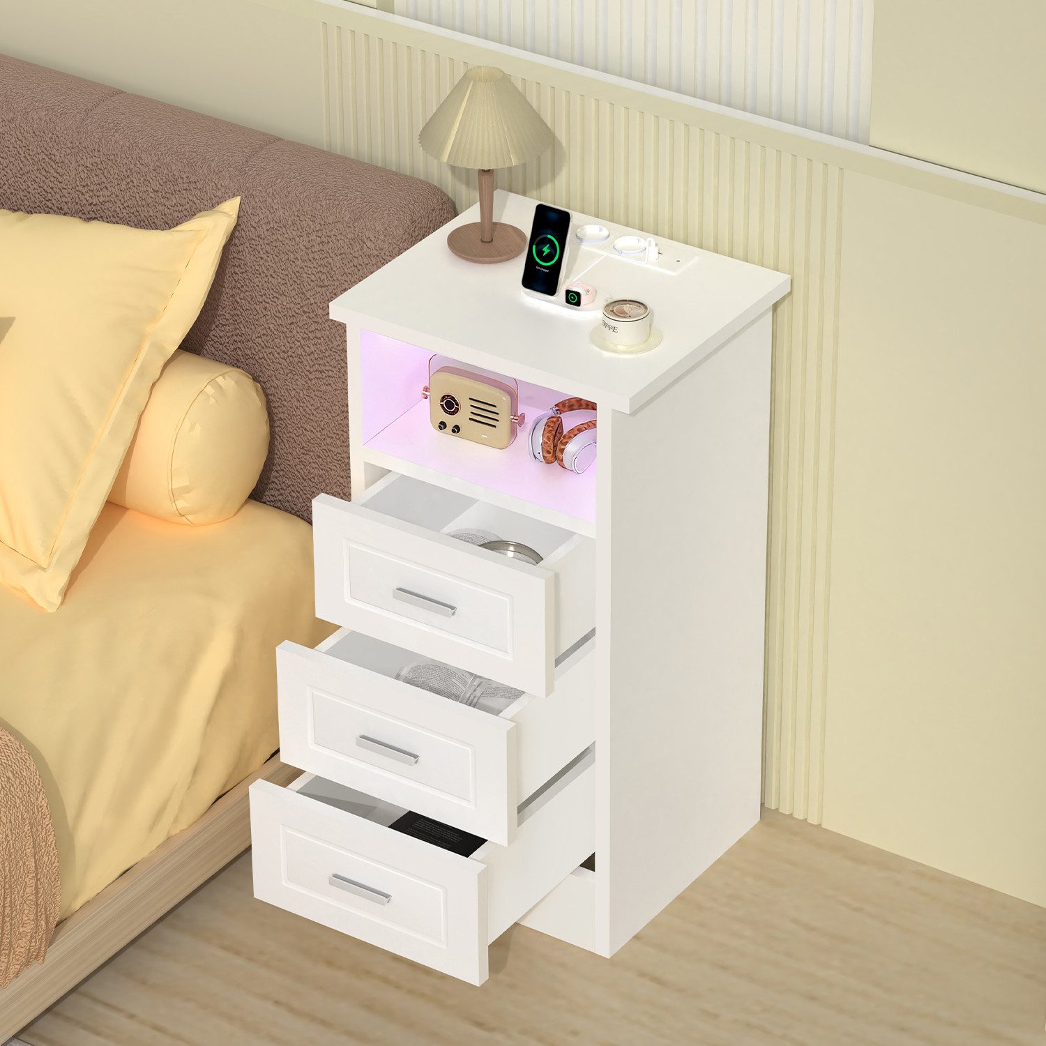 Nachttisch mit Beleuchtung LED und Ladefunktion USB & Type-C
