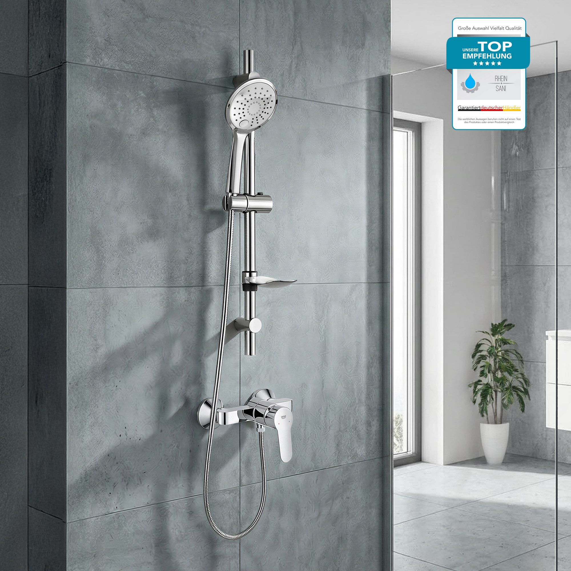 Grohe Duscharmatur BauEdge Duschsystem mit Einhandarmatur, Brause, Duschstange & Schlauch (Spar-Set) Chrom Duschset mit 1,5m Schlauch & Seifenhalter, ohne Regendusche