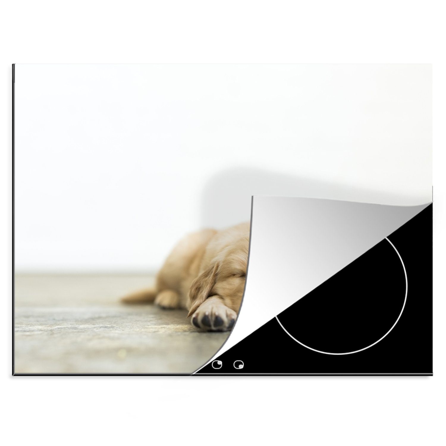 MuchoWow Herdblende-/Abdeckplatte Schlafender Welpe auf einem Holzboden, Vinyl, (1 tlg), 70x52 cm, Mobile Arbeitsfläche nutzbar, Ceranfeldabdeckung