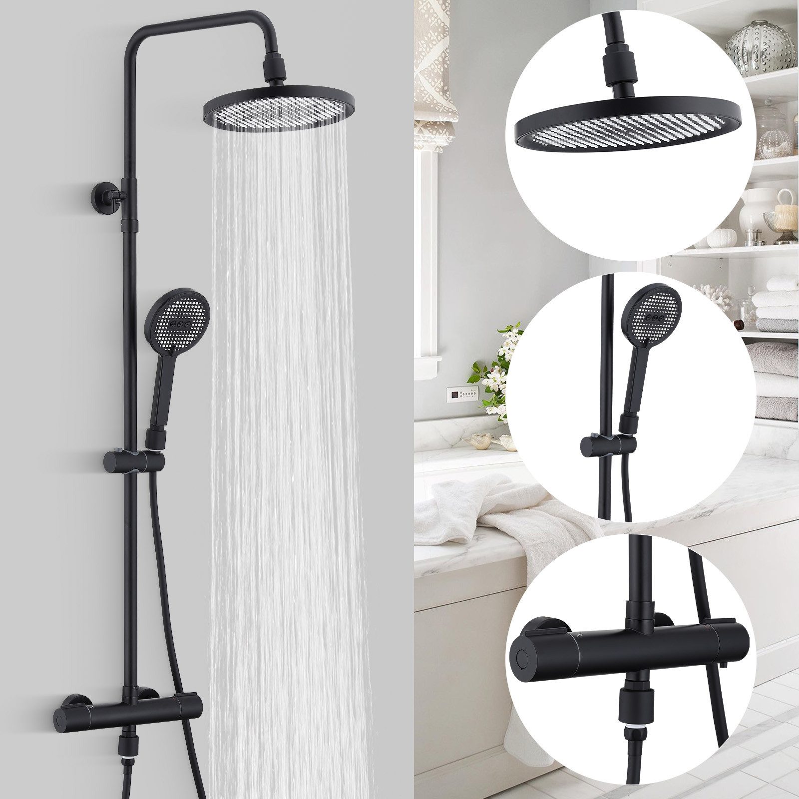 HOMELODY Duschsystem mit Filter & Thermostat Schwarz - Duscharmatur Komplet günstig online kaufen
