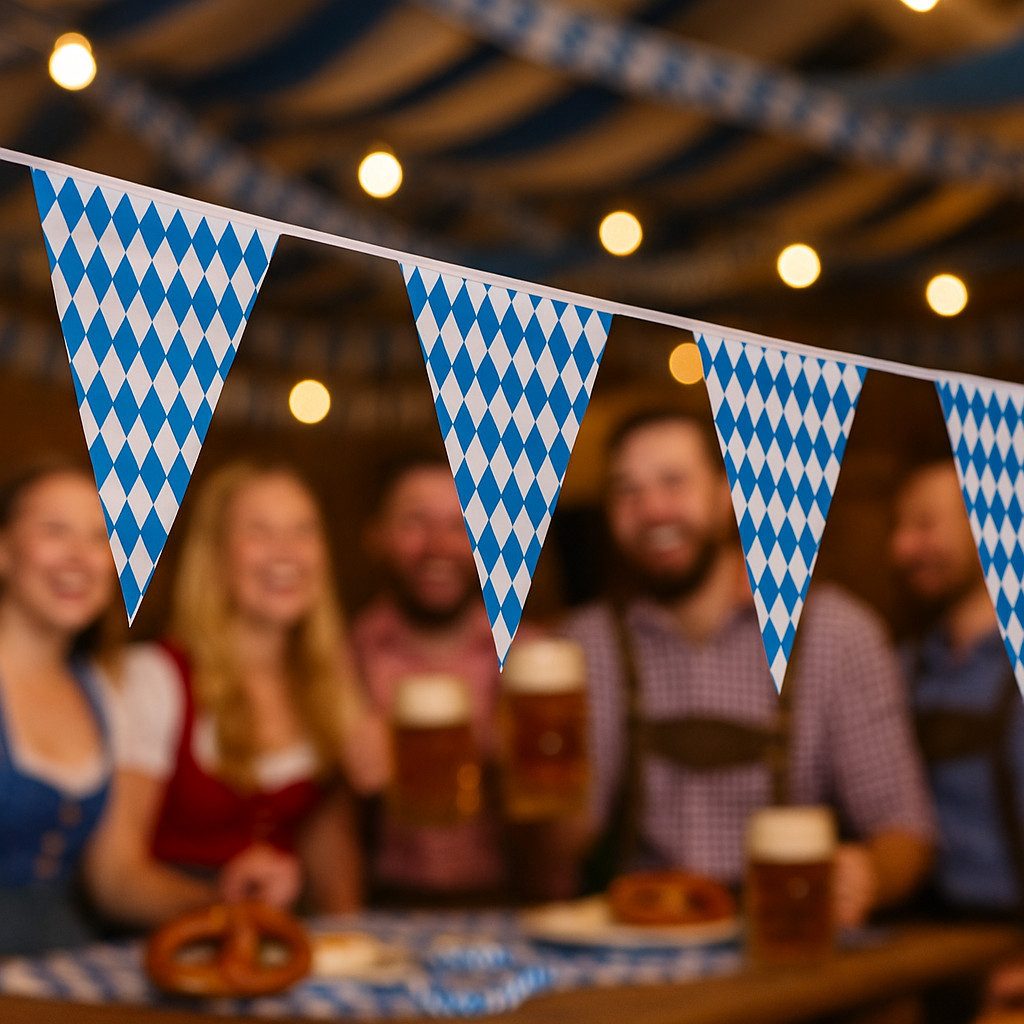 Fries Girlande Oktoberfest Wimpelgirlande 10 m Bayern Party Deko blau-weiß wetterfest, Zünftig, wetterfest, vielseitig