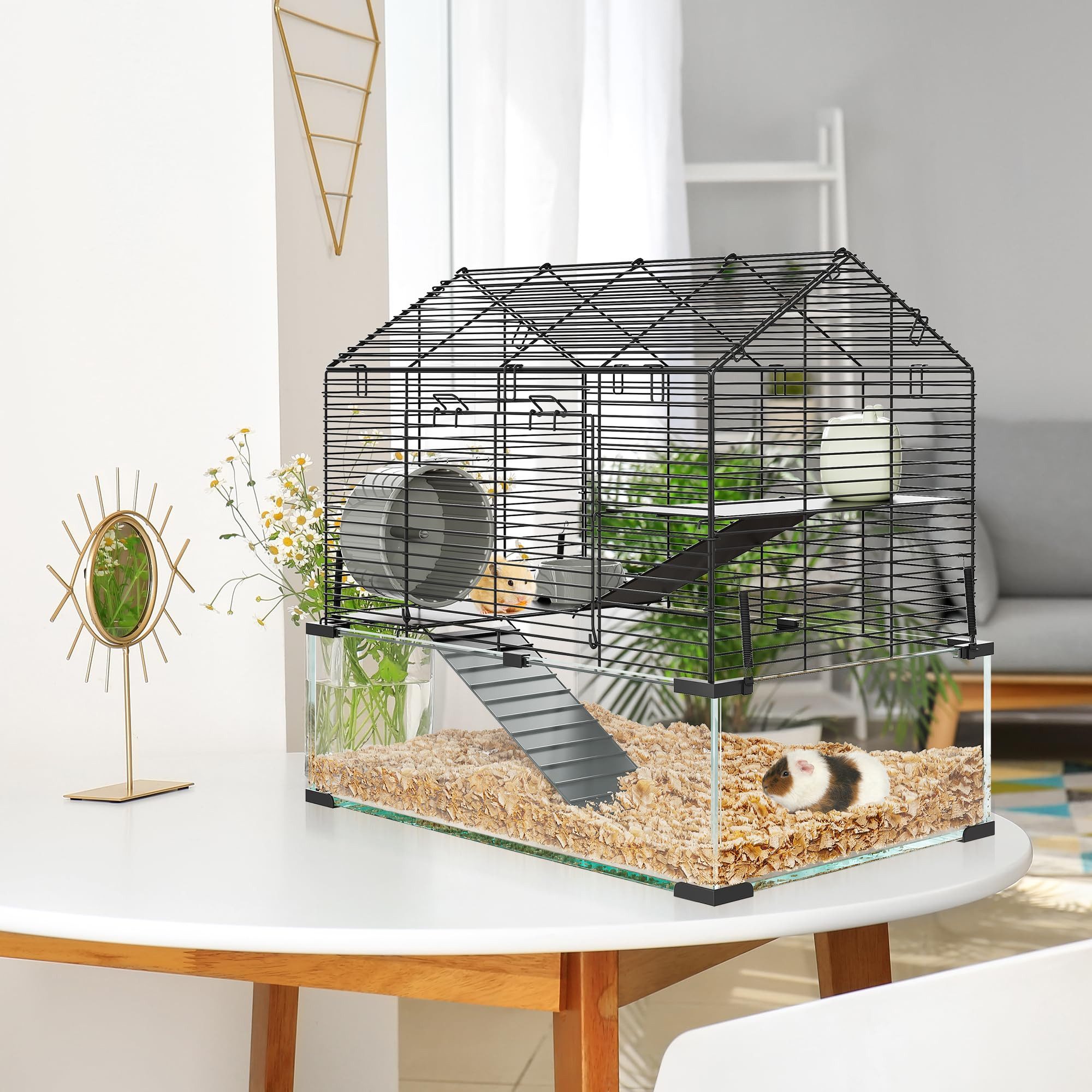 GarveeMore Kleintierkäfig Hamster Käfig mit Tiefgehärtetem Glas Boden 3 Ebenen Hamster Tank