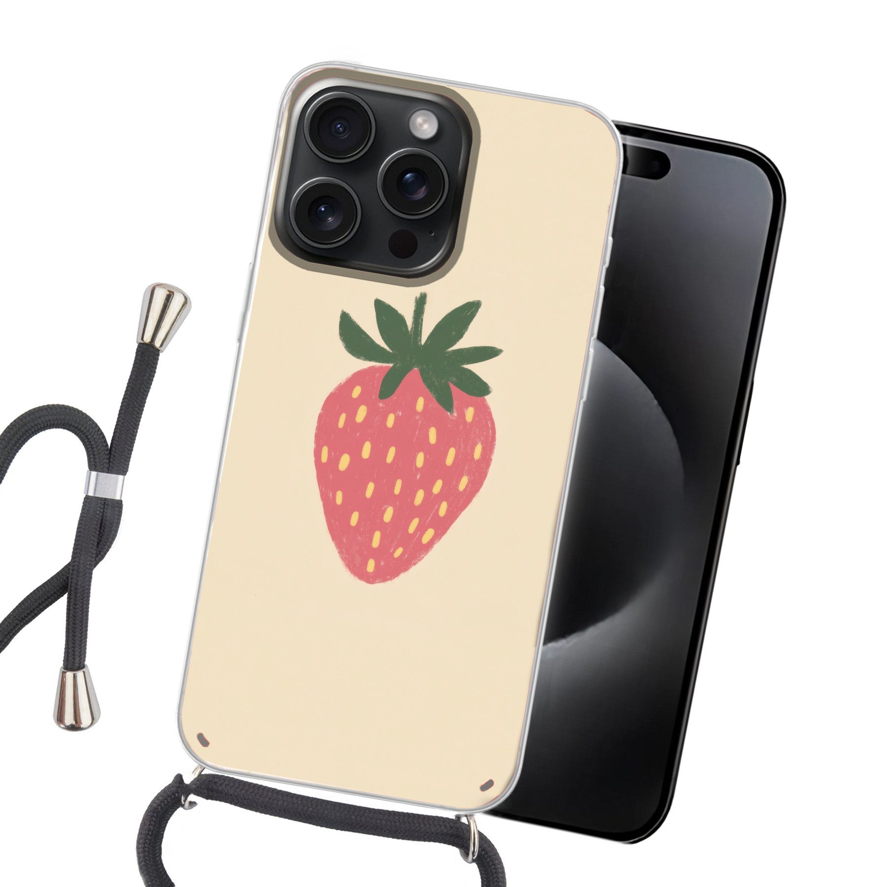 MuchoWow Handyhülle für Apple iPhone 15 Pro Max Erdbeere - Minimalistisch - Rot - Obst, Tragbare Handyhüllen mit Kette zum umhängen, Handykette Handyband