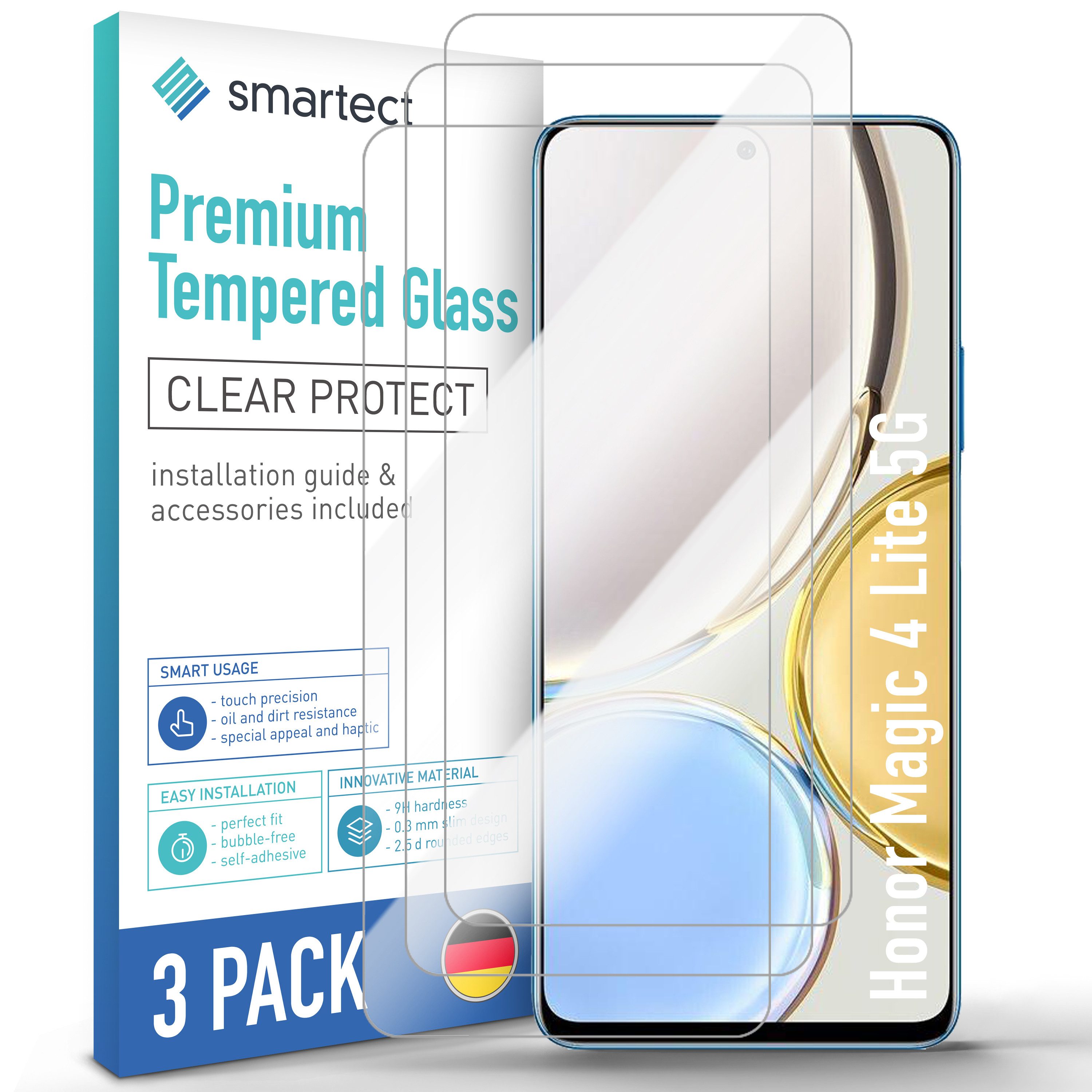 smartect Displayschutzglas Schutzglas Panzerfolie Klar für Honor Magic 4 Lite 5G, Set, 3 Stück, Schutzfolie Glasschutz Bildschirm