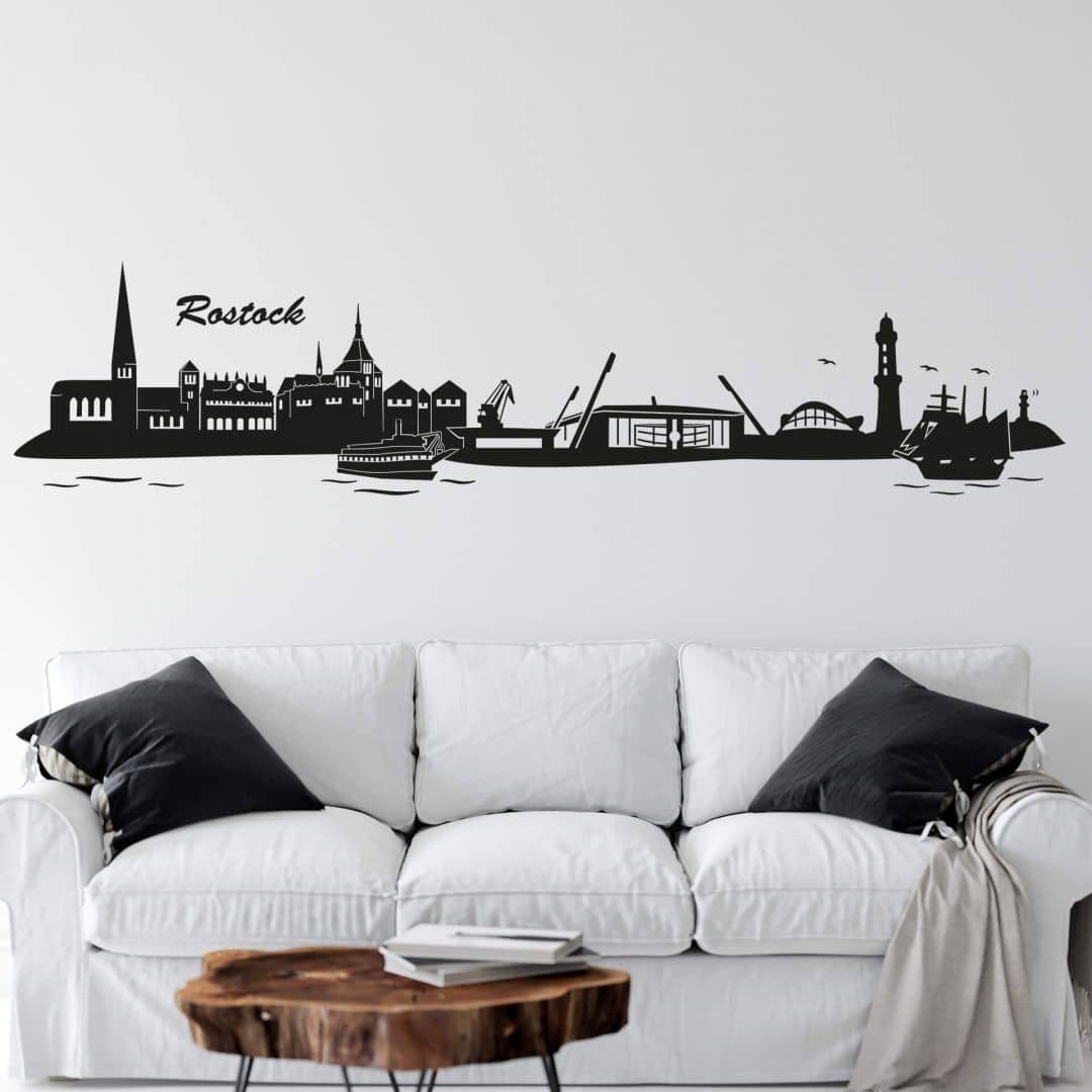 K&L Wall Art Wandtattoo Stadt Wandtattoo Rostock Skyline schwarz Fußball Fanartikel 120cm, Wandbild selbstklebend, entfernbar