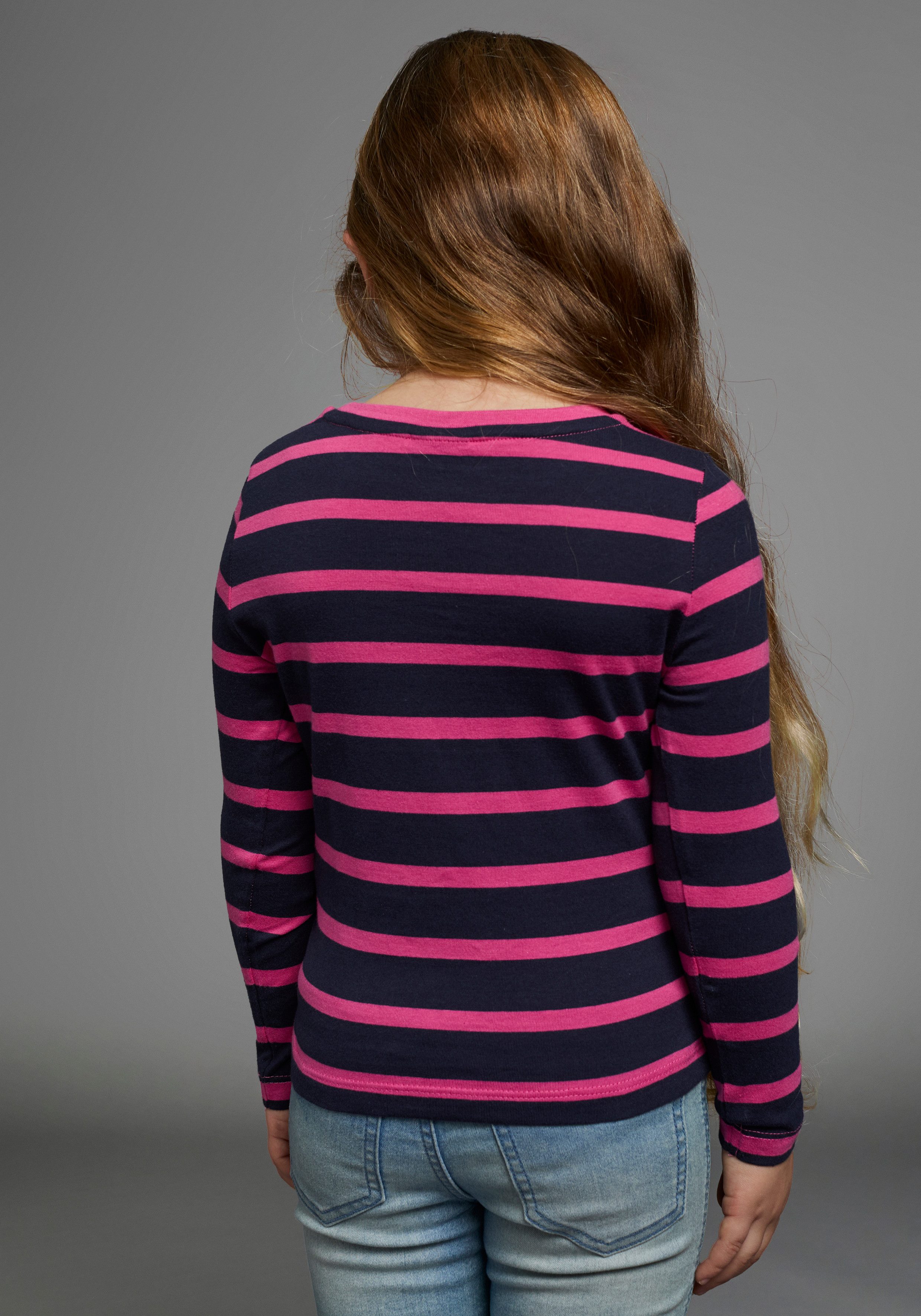 KIDSWORLD Langarmshirt für kleine Mädchen langärmlig, Basic-Passform, mit mehrfarbigen Streifen