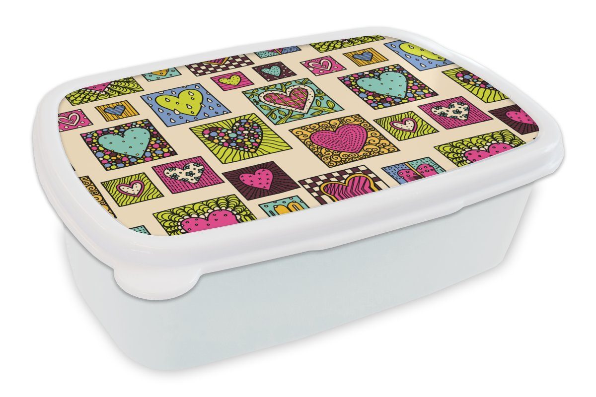 MuchoWow Lunchbox Bohemian - Herzen - Kritzelei - Muster, Kunststoff, (2-tlg), Brotbox für Kinder und Erwachsene, Brotdose, für Jungs und Mädchen weiß