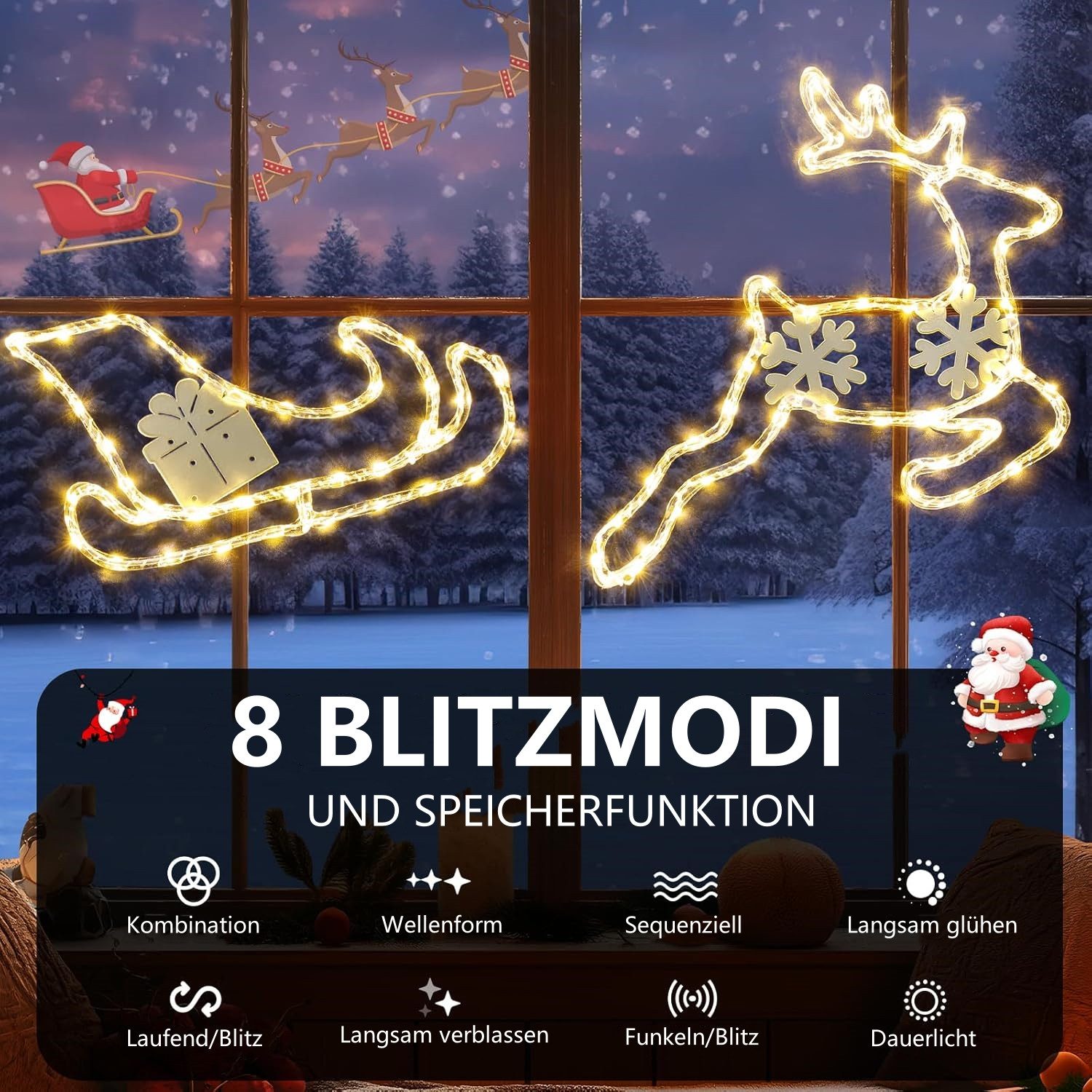 Quntis LED-Lichterkette LED Dekolicht Weihnachtsfigur Weihnachtsbaum/Jesus für Weihnachten, Weihnachtsdeko fenster Mit 8 Modi Timer Für Hof Zimmer Fensterbank – Bild 4 von 5
