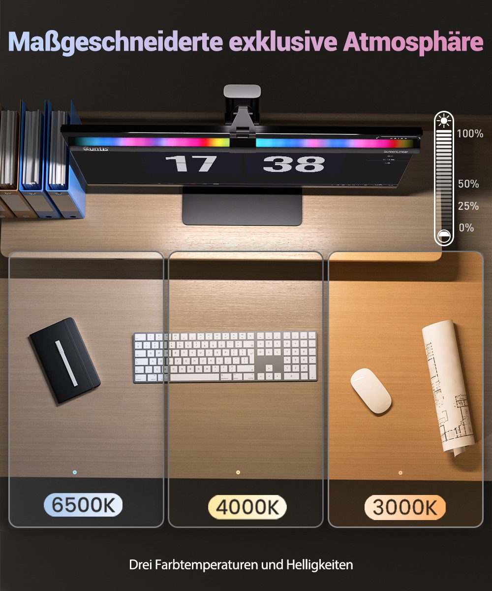 Quntis LED Schreibtischlampe 51cm 2in1 Monitor Lampen monitor licht klemmleuchte mit kabel RGB, Gaming RGB, LED wechselbar, Variables RGB-Umgebungslicht, Tageslichtweiß, pc bildschirmlampe für Büro Jugendzimmer Studie rgb beleuchtung gaming