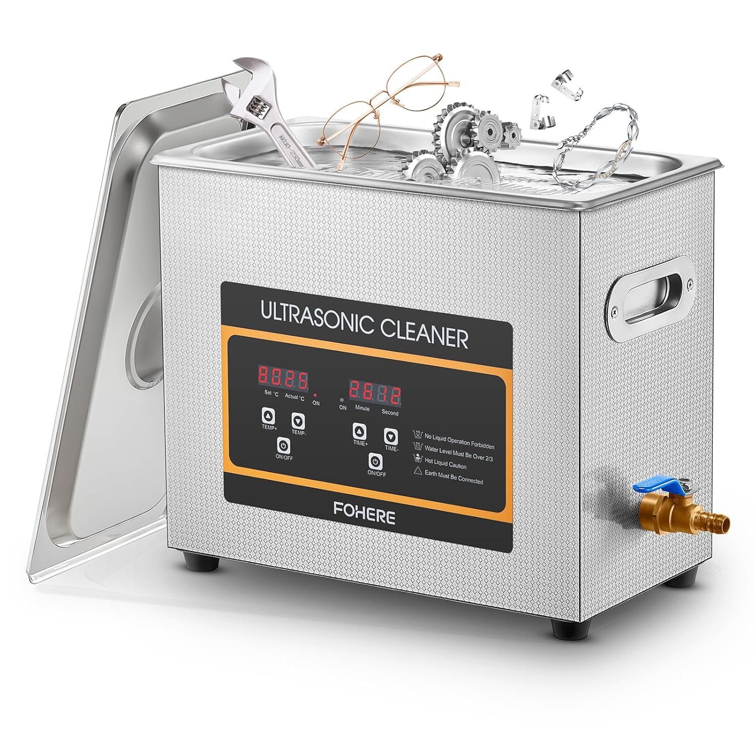 FOHERE Ultraschallreiniger 6,5 L digitaler Ultraschallreiniger mit Heizungstimer, 304 Edelstahl, mit rutschfesten Silikonfüße und LED-Bedienpanel