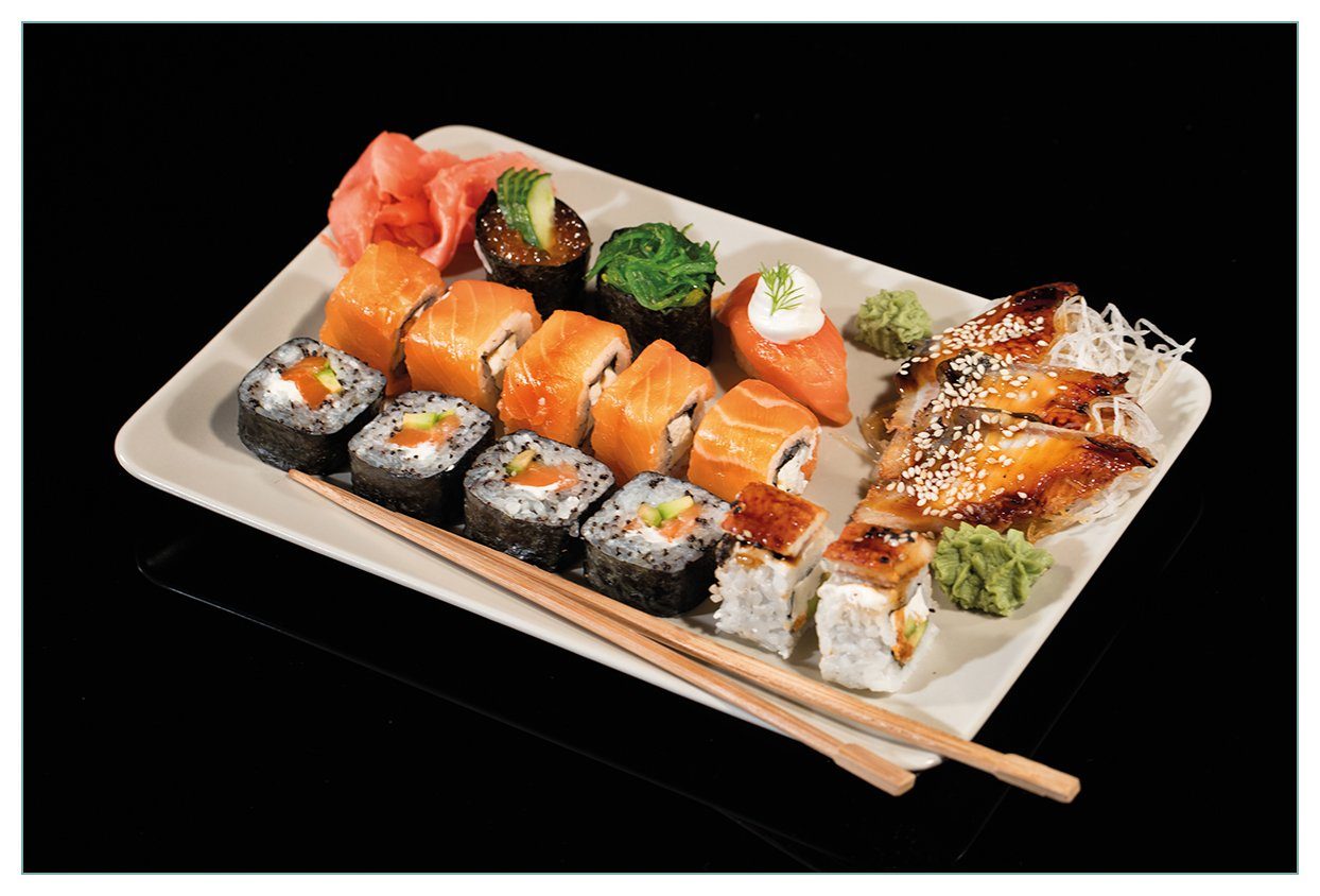Wallario Küchenrückwand Sushi-Menü mit Inside-Out Sushi, Nigiri und Wasabi, (1-tlg)