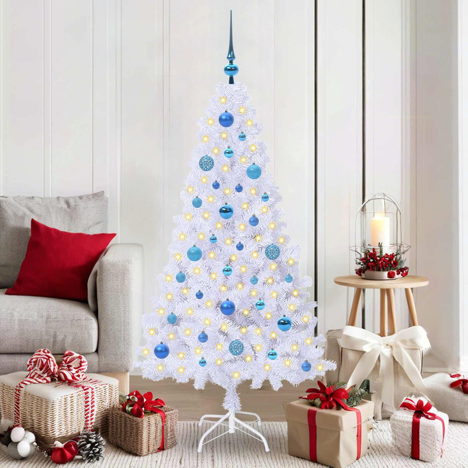 furnicato Künstlicher Weihnachtsbaum Weißer Weihnachtsbaum mit LED, 150 cm Höhe, 80 cm Durchmesser, Kunsttannen-Baum mit 150 blauen LEDs und acht verschiedenen Modi