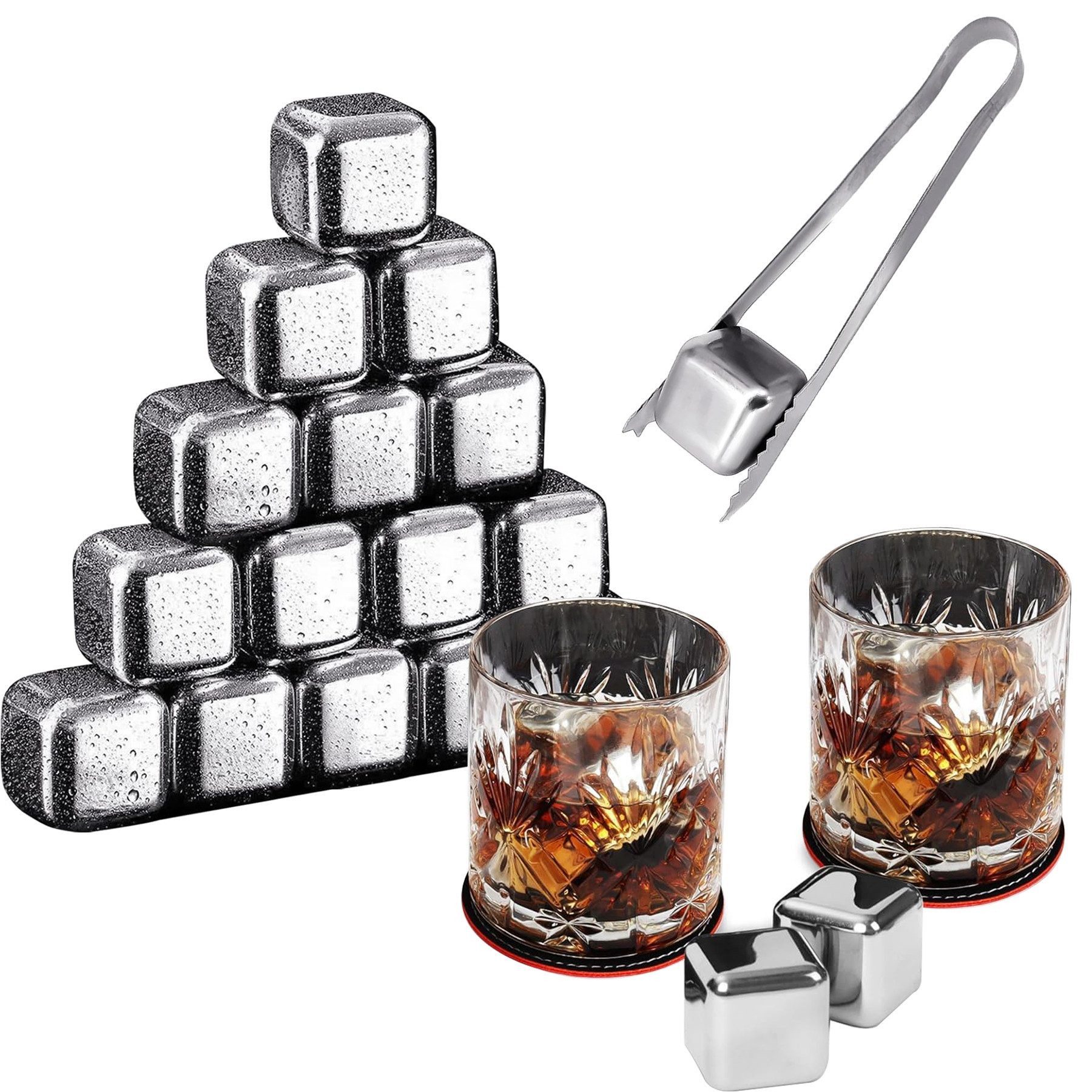Mutig Eiswürfel-Steine 16 Stück Eiswürfel Aus Edelstahl mit 1 Eisclip Kühlsteine, Wiederverwendbare Whisky Steine Ice Cubes Set für Cocktail Wodka Likör