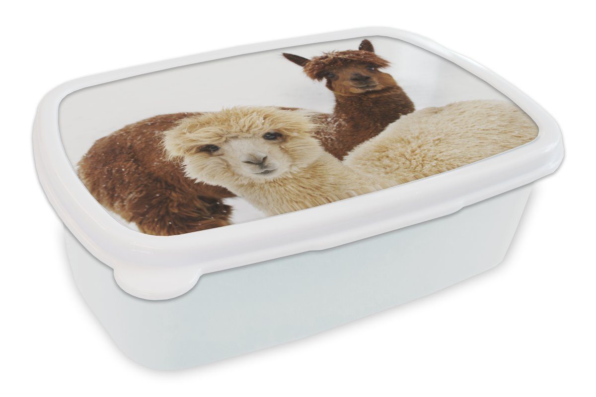 MuchoWow Lunchbox Lama - Tier - Mantel, Kunststoff, (2-tlg), Brotbox für Kinder und Erwachsene, Brotdose, für Jungs und Mädchen weiß