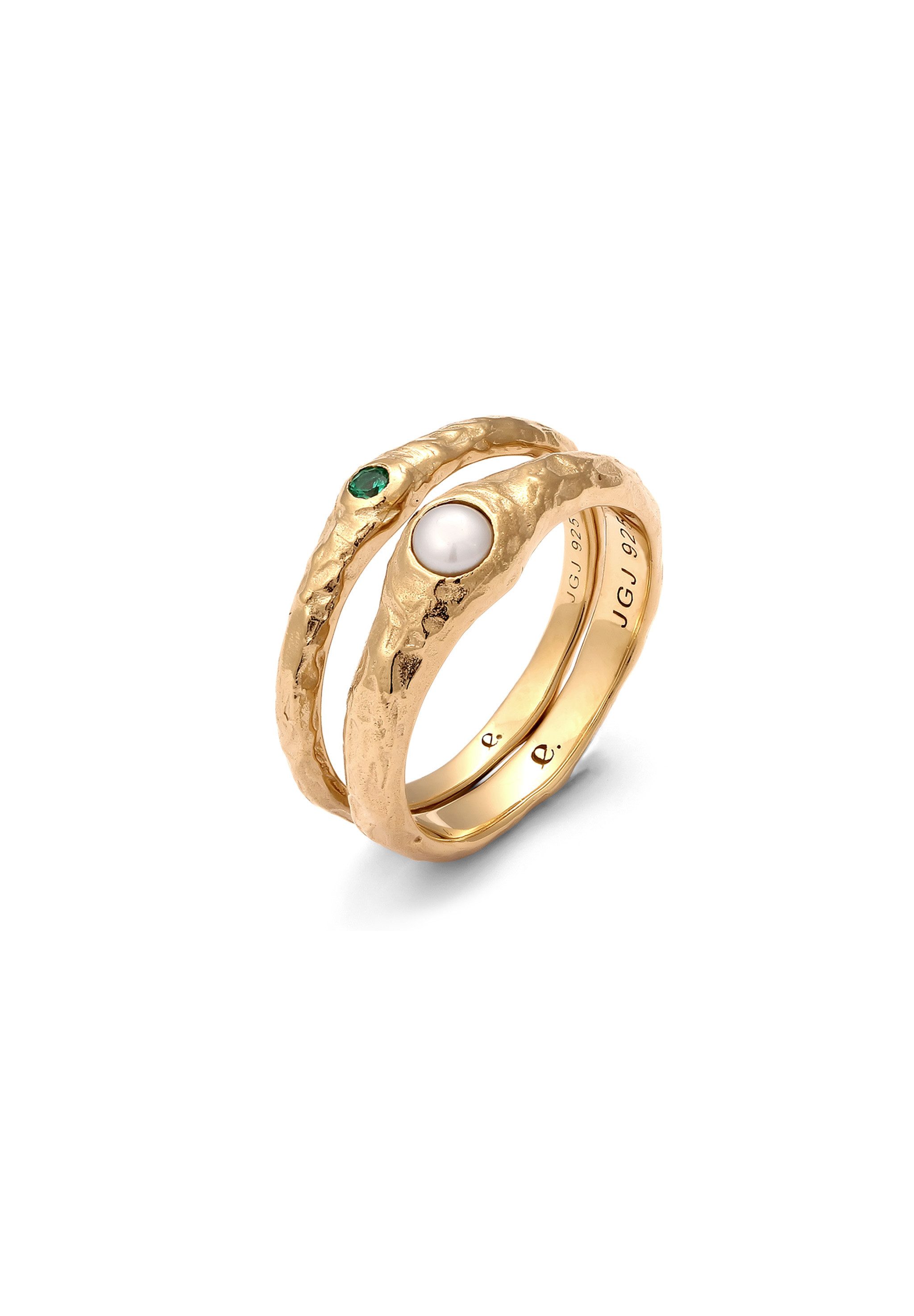 Elli Premium Ring-Set Set mit Perle Synthetischer Smaragd Grün 925 Sterling Silber vergoldet