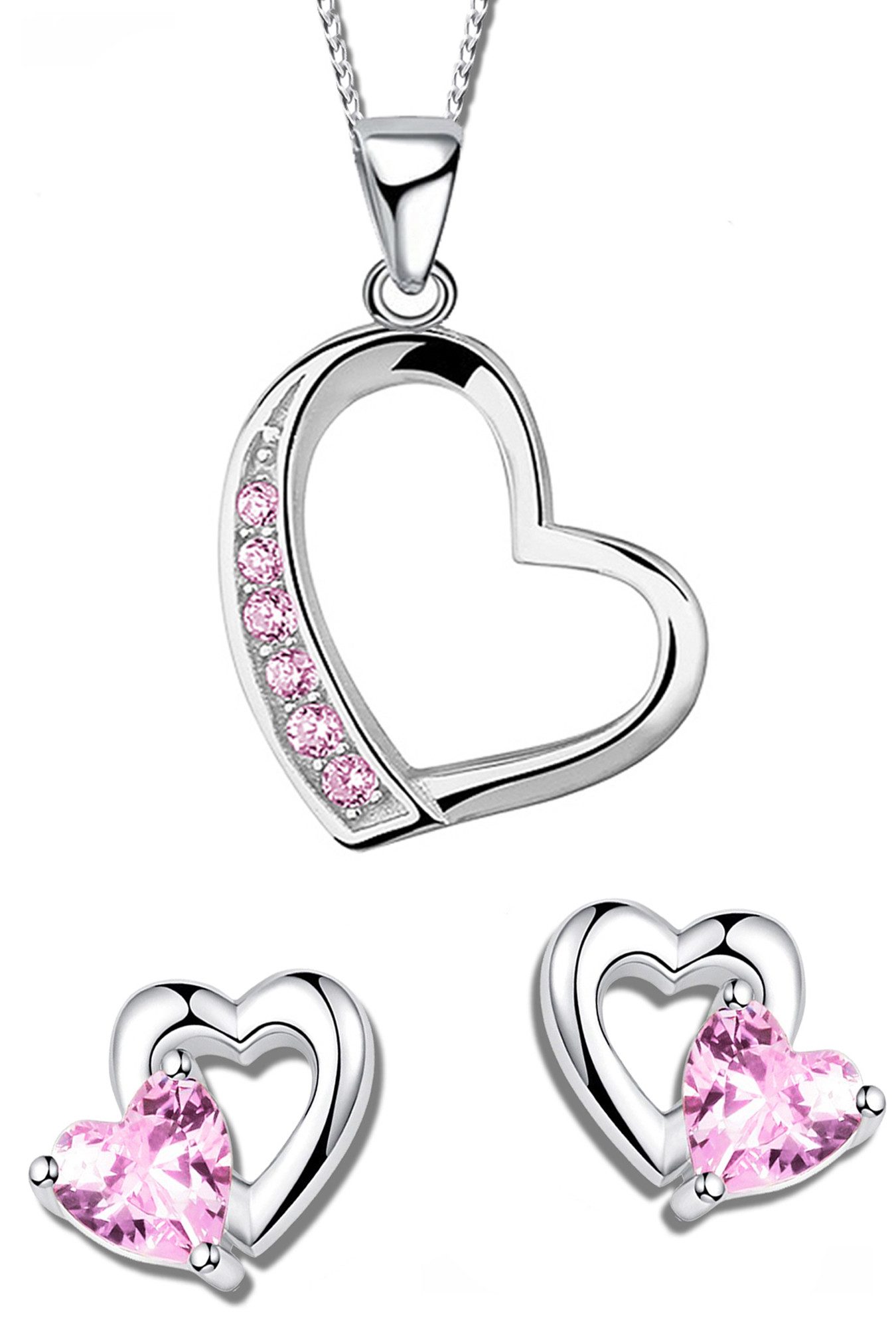 Limana Schmuckset Kinder Mädchen 925 Silber rosa Herz Halskette mit Ohrringe, Kette mit Ohrstecker Kinderschmuck Mädchenschmuck Geschenk Idee