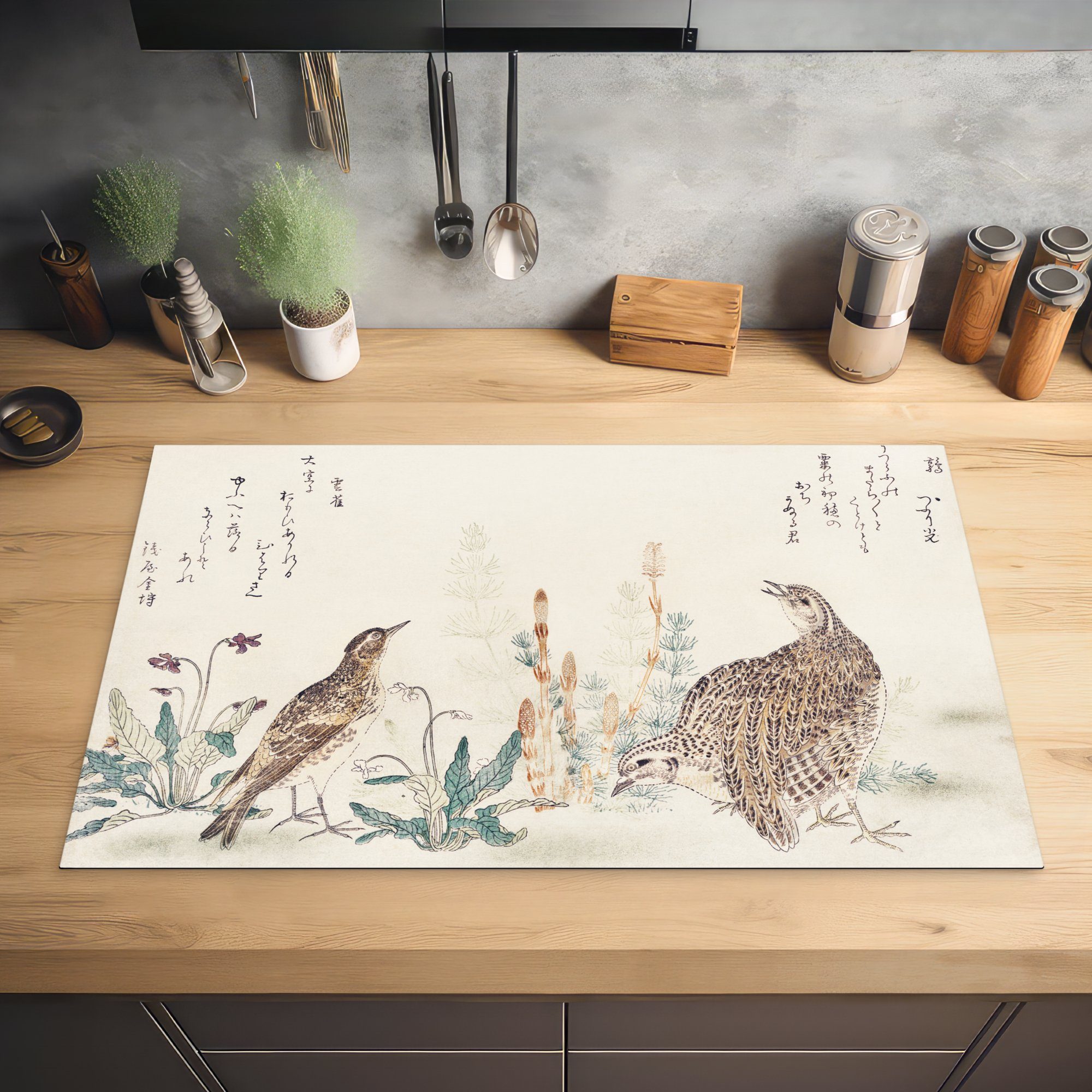 Arbeitsplatte cm, (1 83x51 Japan MuchoWow Pflanze, küche Ceranfeldabdeckung, tlg), Herdblende-/Abdeckplatte - - Vinyl, für Vogel