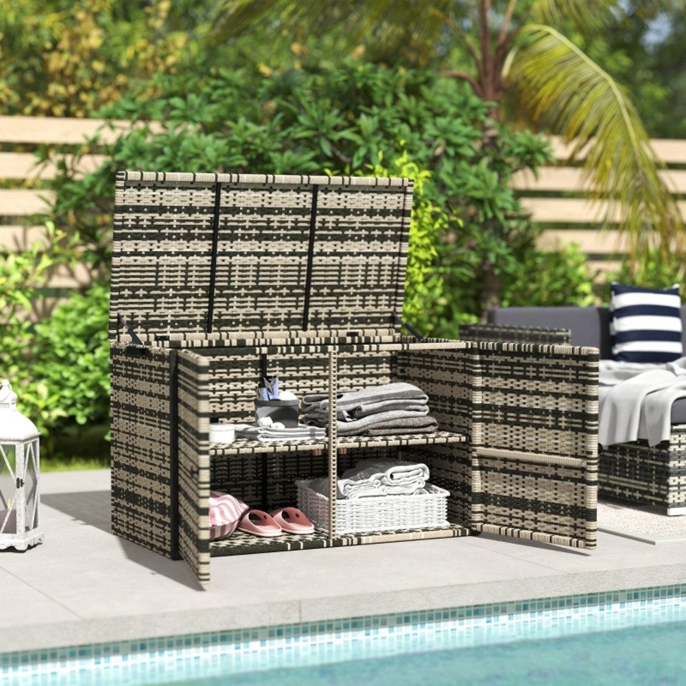 CHICFURN Gartenbox Rattan-Aufbewahrungsbox 350 Liter (1 St., für Garten & Terrasse – Mischgrau), wetterfest mit Deckel & Gasdruckfedern