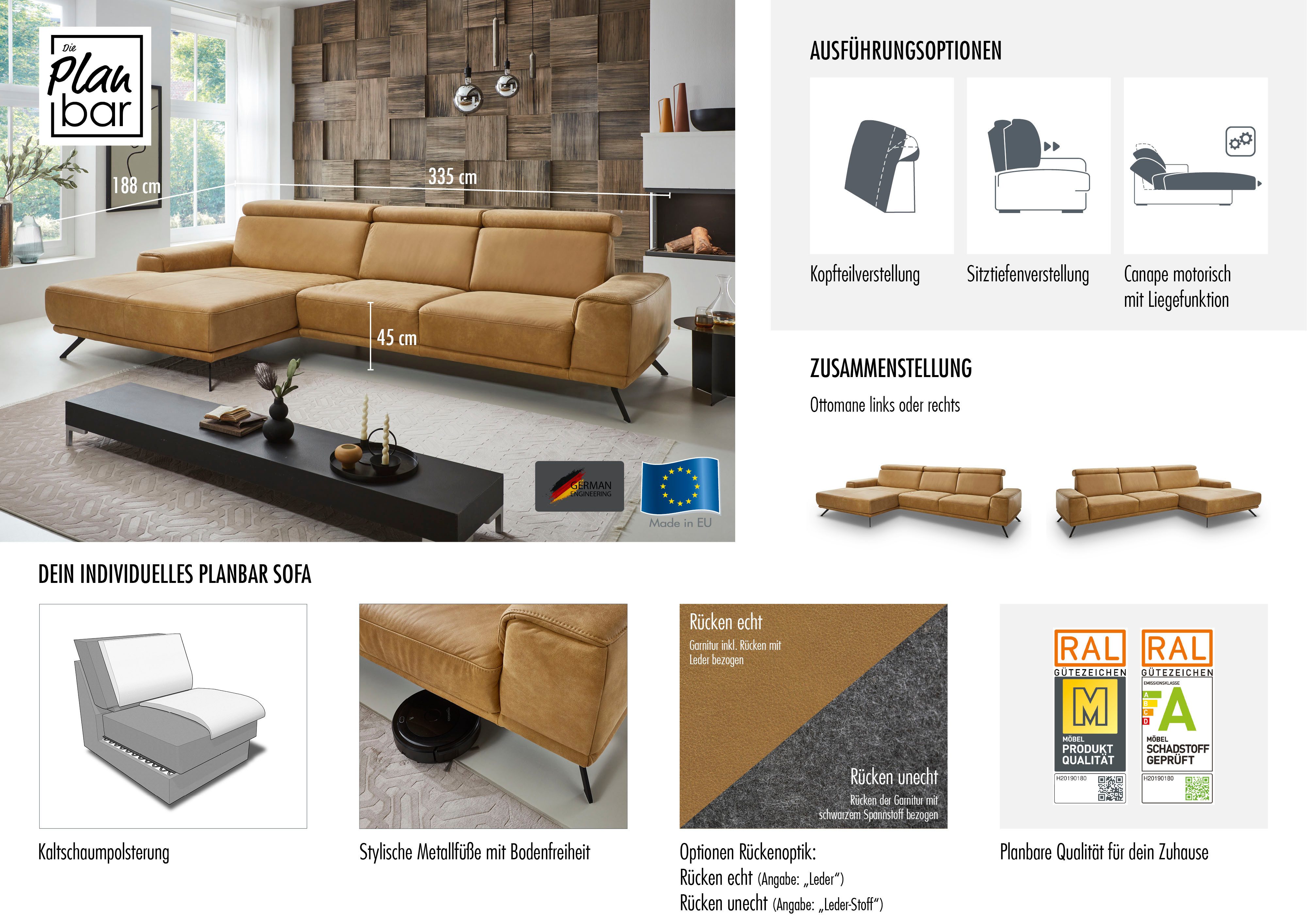 Die PlanBar Ecksofa PN-EM22041 L-Form, wahlweise motorisches Canape oder Sitztiefenverstellung