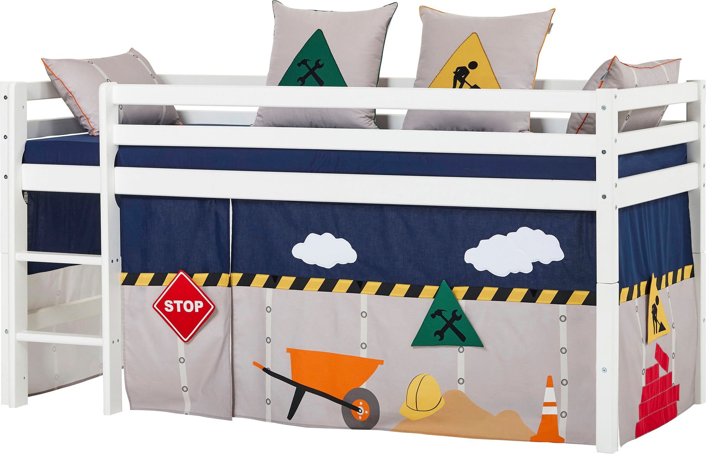 Hoppekids Hochbett «Construction» mit Baustellen-Vorhang Matratze 2 Größen