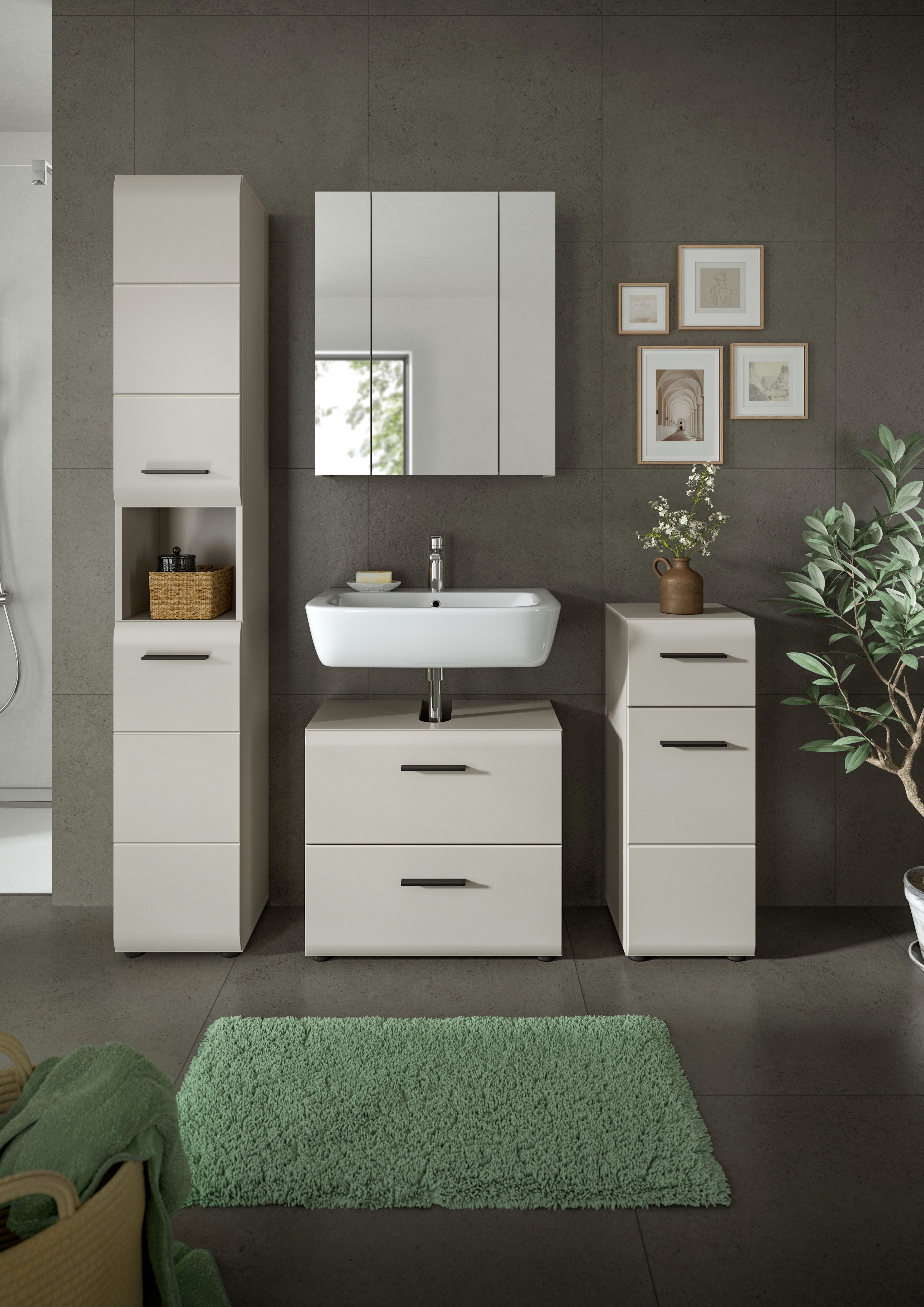 welltime Badezimmer-Set, (Set, 4-St., Hochschrank, WBU, Spiegelschrank, Standschrank hoch), Bad-Kombination, Bad-Möbel, Badezimmer, Kombination, Kombi