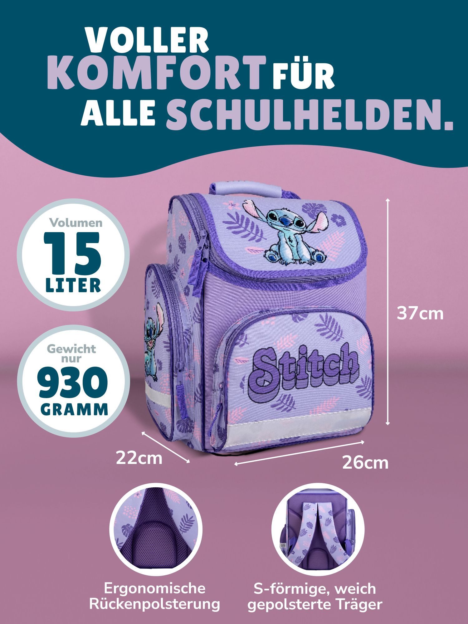 Familando Schulranzen Export Stitch Schultasche, lila, ab 1. Klasse (Grund-Set, 6-tlg., mit Sporttasche), kompakt, leicht, robust